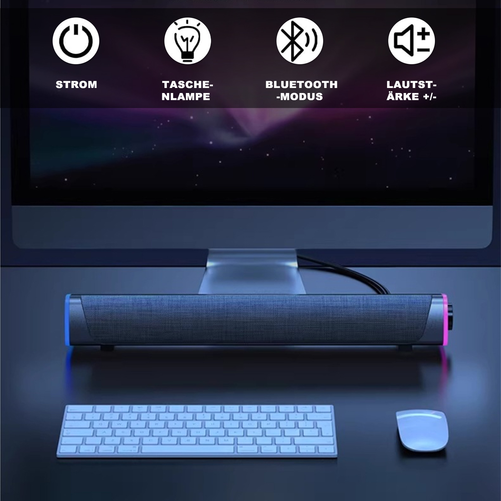 Eine graue Soundbar mit blauen Akzenten steht vor einem Computerbildschirm, mit einer Tastatur und Maus in der Nähe.