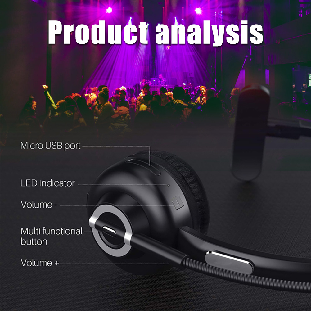 Ein schwarzes Headset mit einem Mikrofon, mit Text über die Produktanalyse.