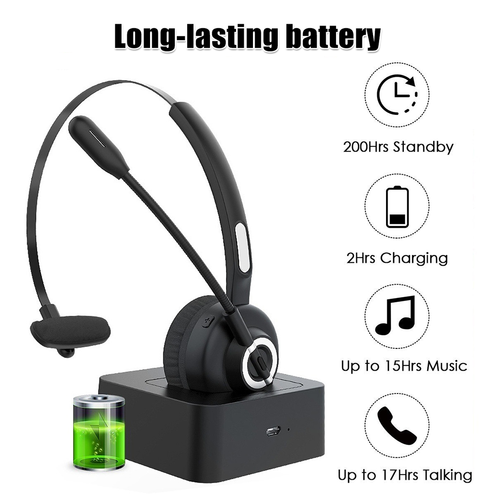 Ein schwarzes kabelloses Headset wird auf seiner Basis aufgeladen, mit einem Batteriesymbol, das volle Ladung anzeigt.
