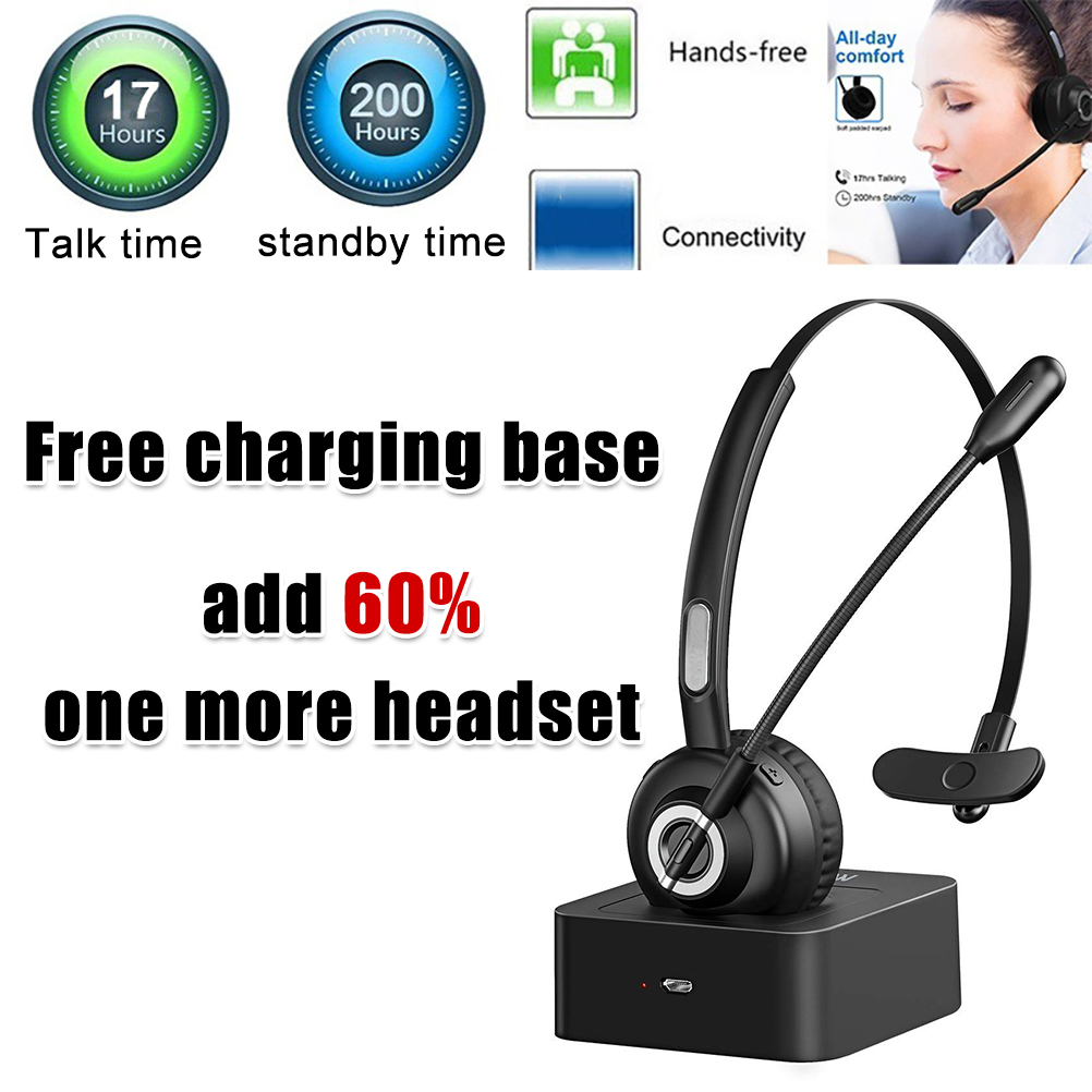 Ein schwarzes kabelloses Headset wird auf seiner Basis aufgeladen, wobei Symbole darüber die Sprech- und Standby-Zeit anzeigen.