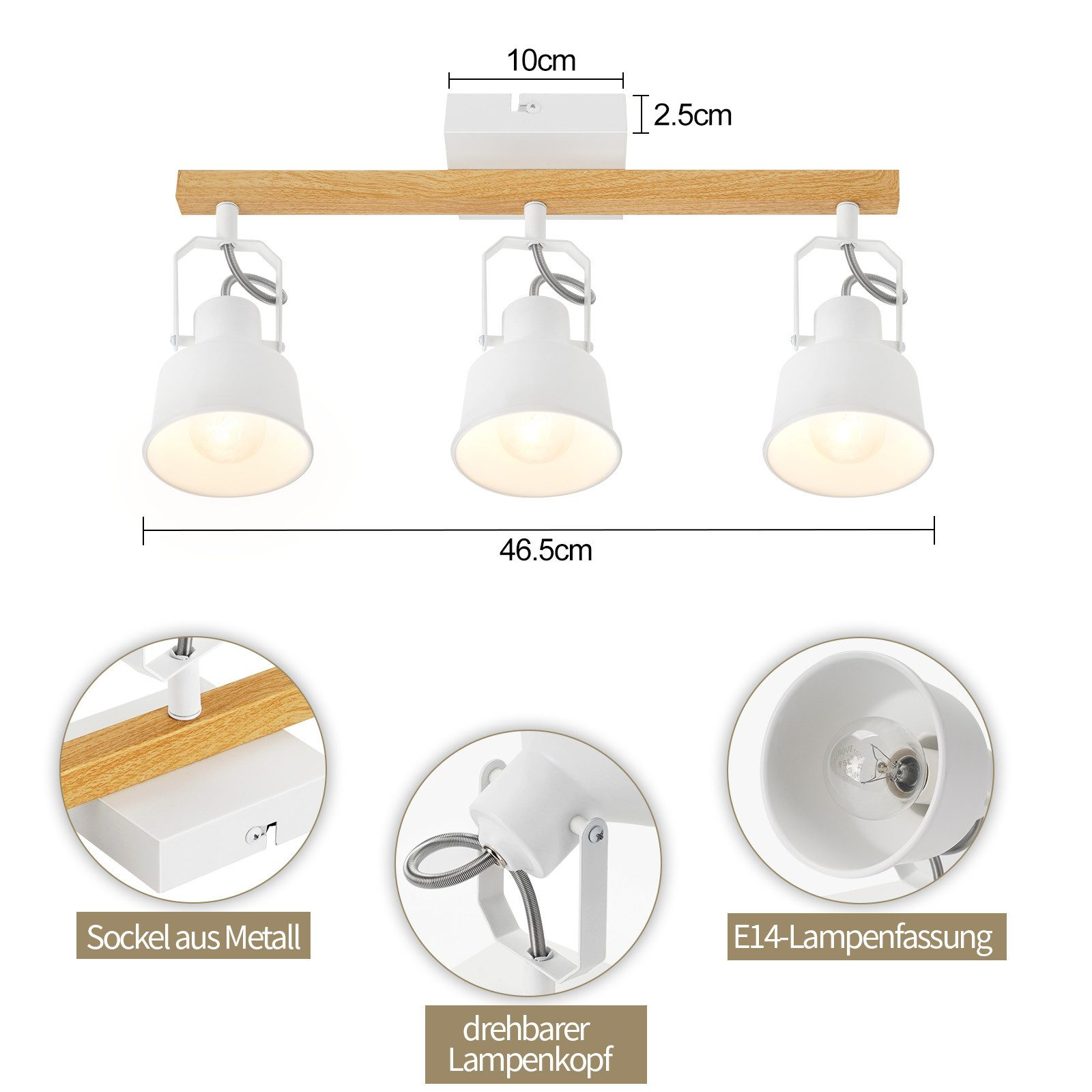 Diagramma di una plafoniera con tre faretti bianchi fissati a una trave di legno, comprese le dimensioni.
