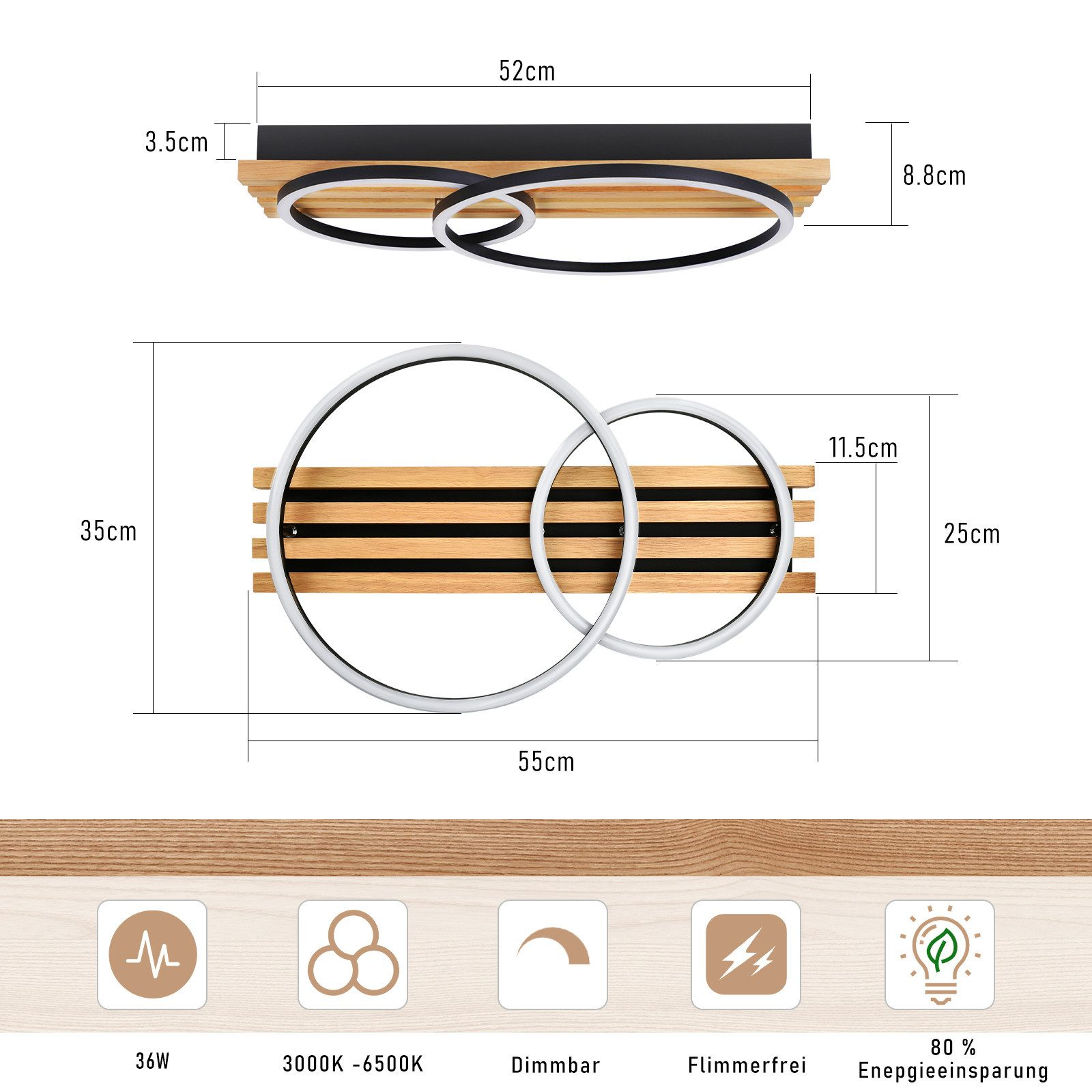 Diagramma di una moderna plafoniera con due anelli interconnessi su una base in legno comprese le dimensioni.