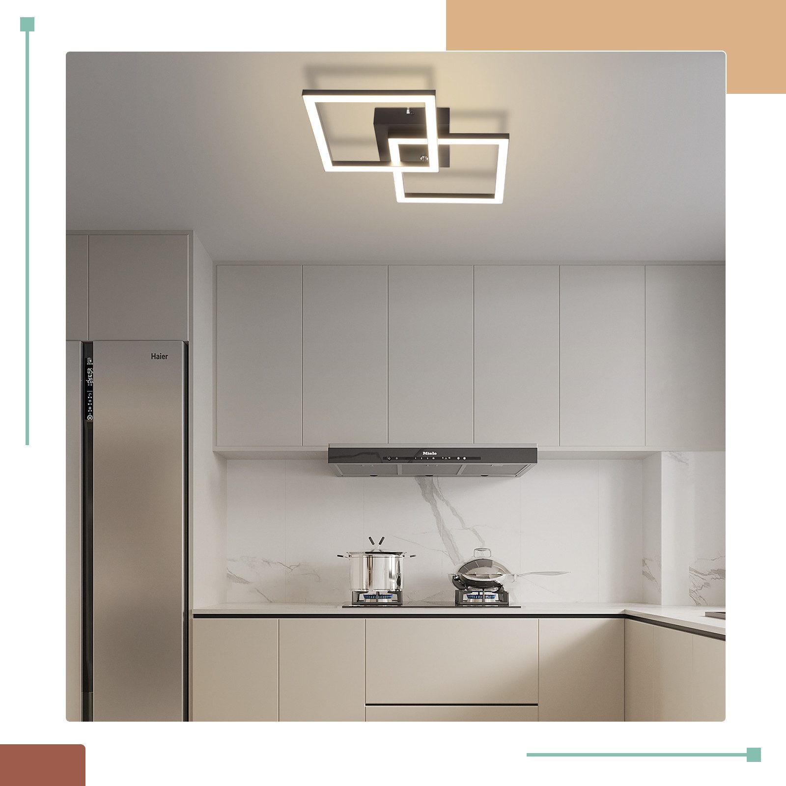 Cucina moderna con elettrodomestici in acciaio inossidabile e una plafoniera quadrata con quadrati che si intersecano.