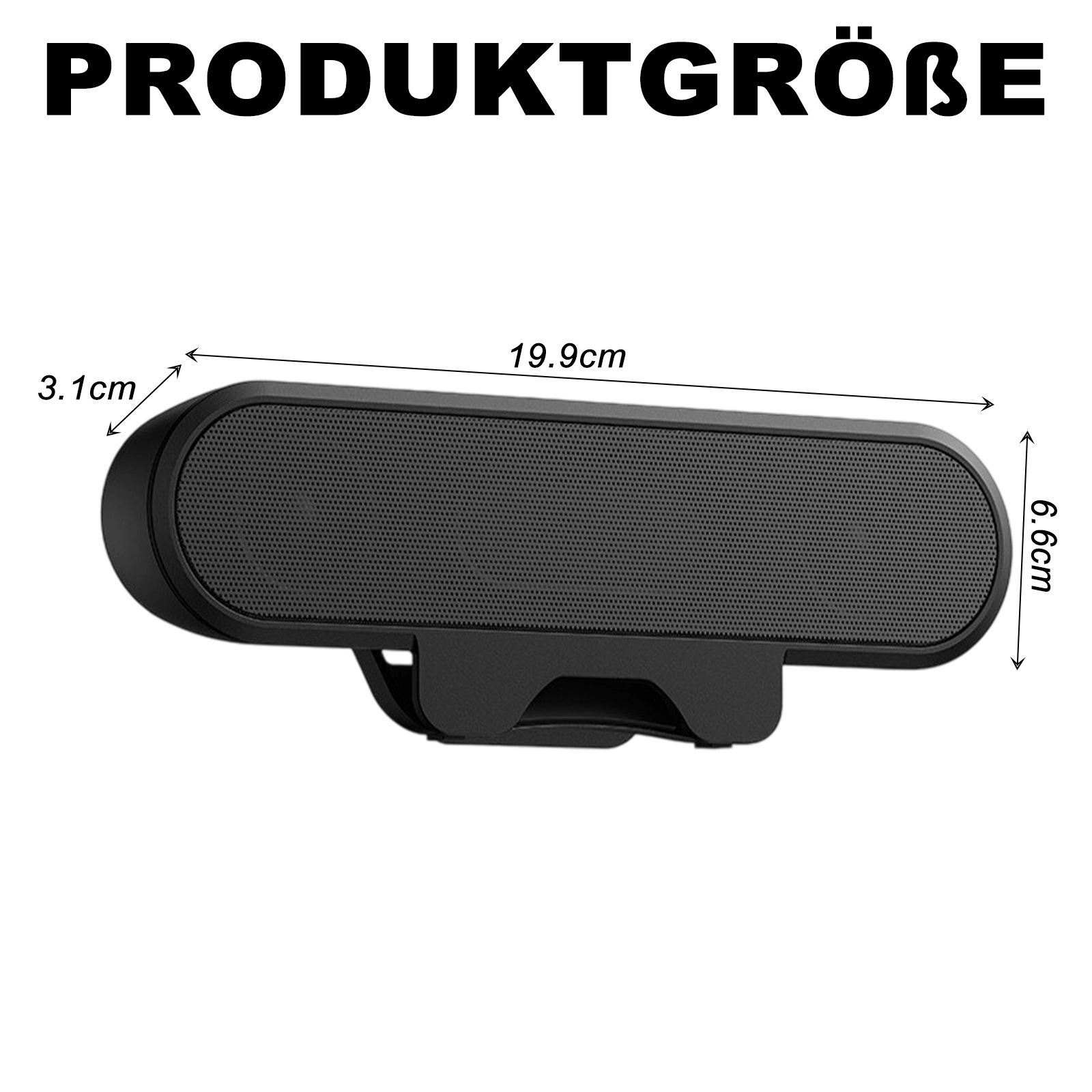 Die Abmessungen einer schwarzen rechteckigen Webcam werden gezeigt, die 19,9 cm lang und 6,6 cm hoch ist.