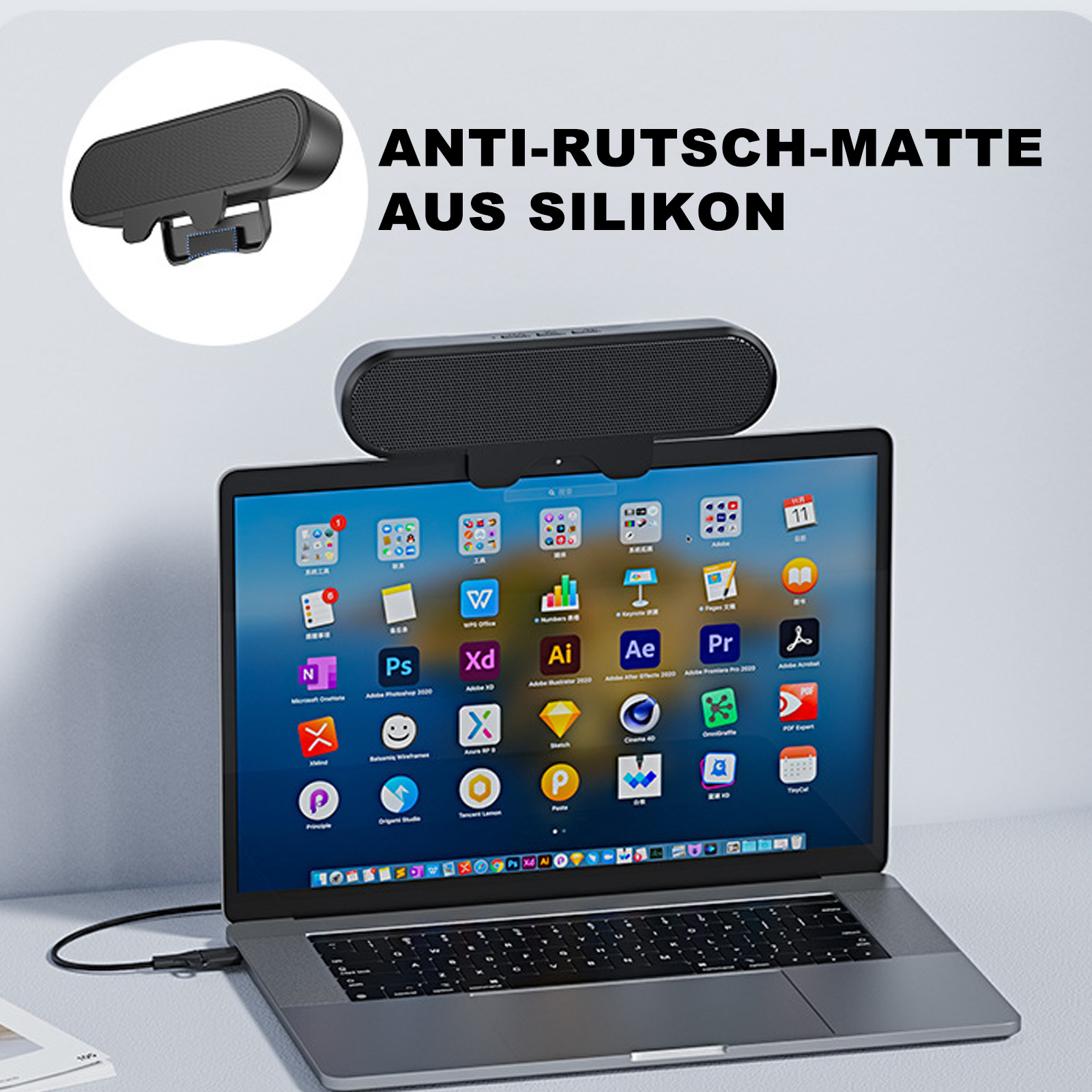 Das Bild zeigt eine Webcam, die an einem Laptop-Bildschirm befestigt ist, mit einer rutschfesten Matte.