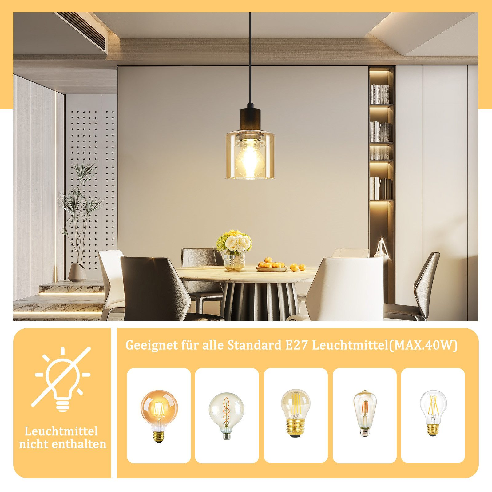 Una moderna sala da pranzo presenta una lampada a sospensione in vetro sopra un tavolo rotondo con sedie, in un ambiente minimalista.