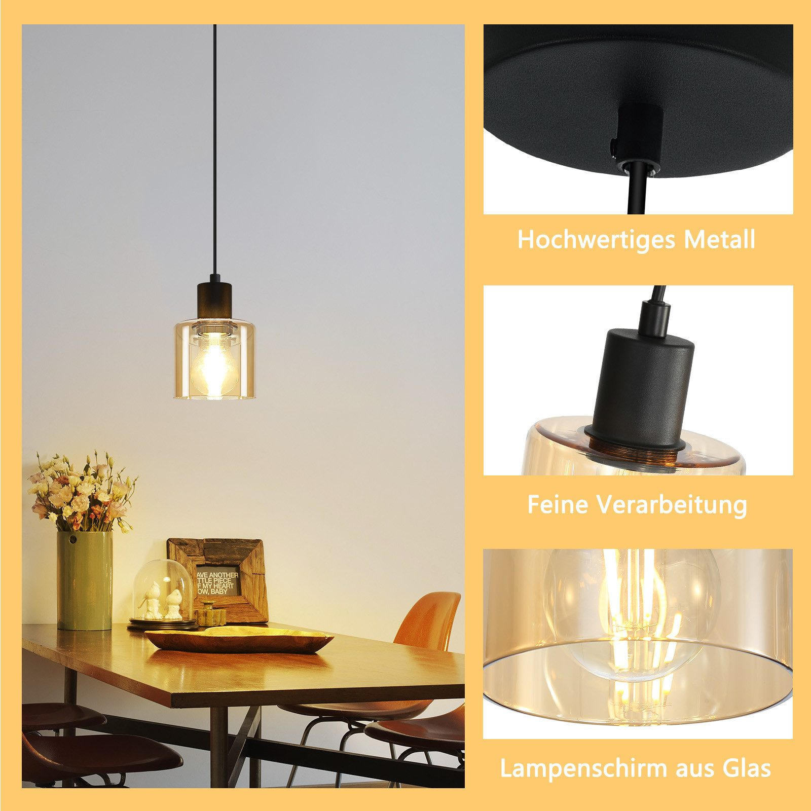 Una sala da pranzo presenta una lampada a sospensione in vetro sopra un tavolo di legno con fiori, piatti e sedie, creando un'atmosfera.
