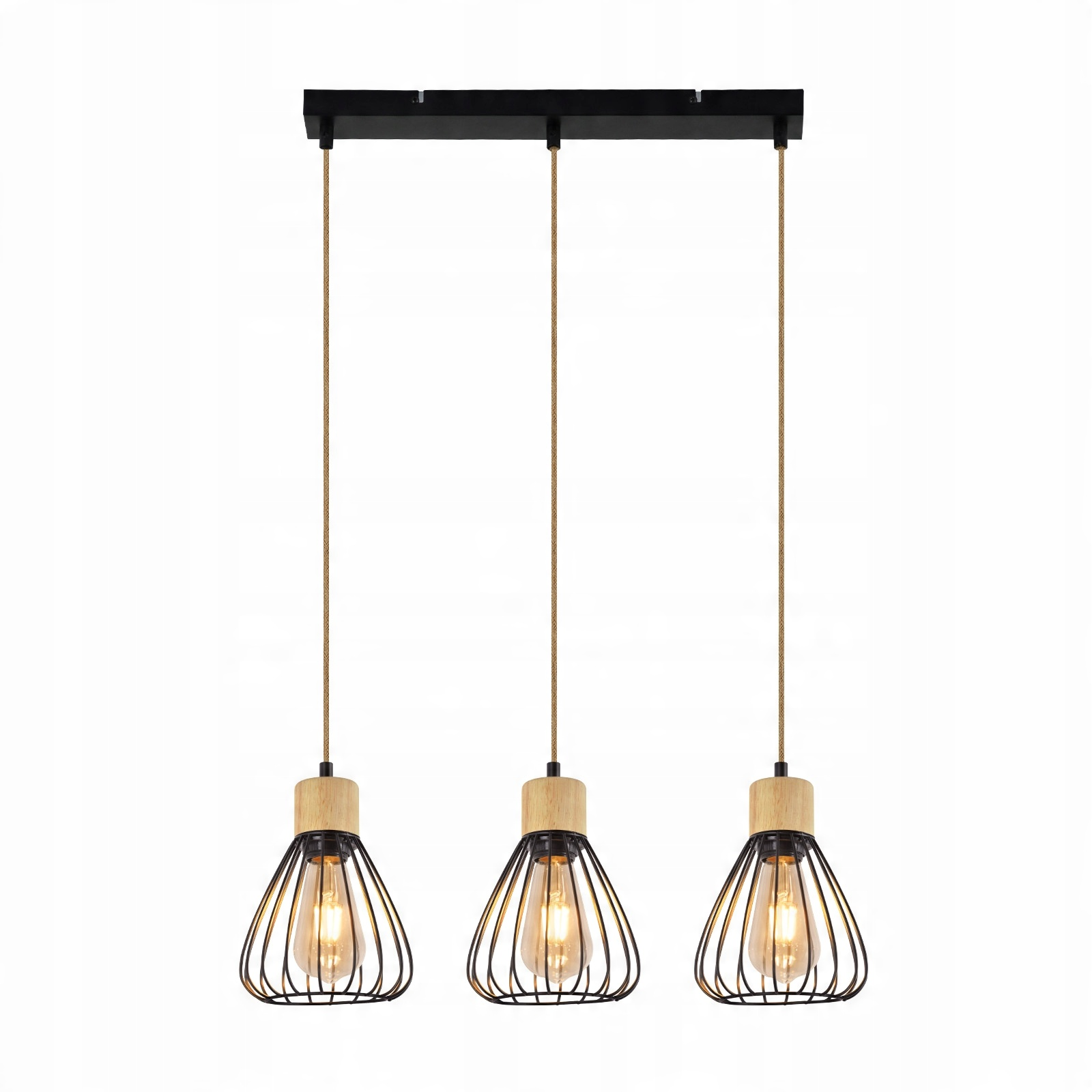 Trzy lampy wiszące z czarnymi metalowymi klatkami i drewnianymi blatami wiszą na białym tle, prezentując swój minimalistyczny design.