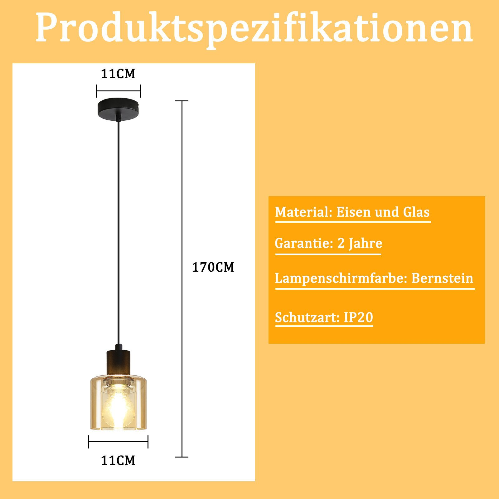 L'immagine mostra le dimensioni di una lampada a sospensione: 11 cm di larghezza, 170 cm di lunghezza, con materiale in ferro e vetro.