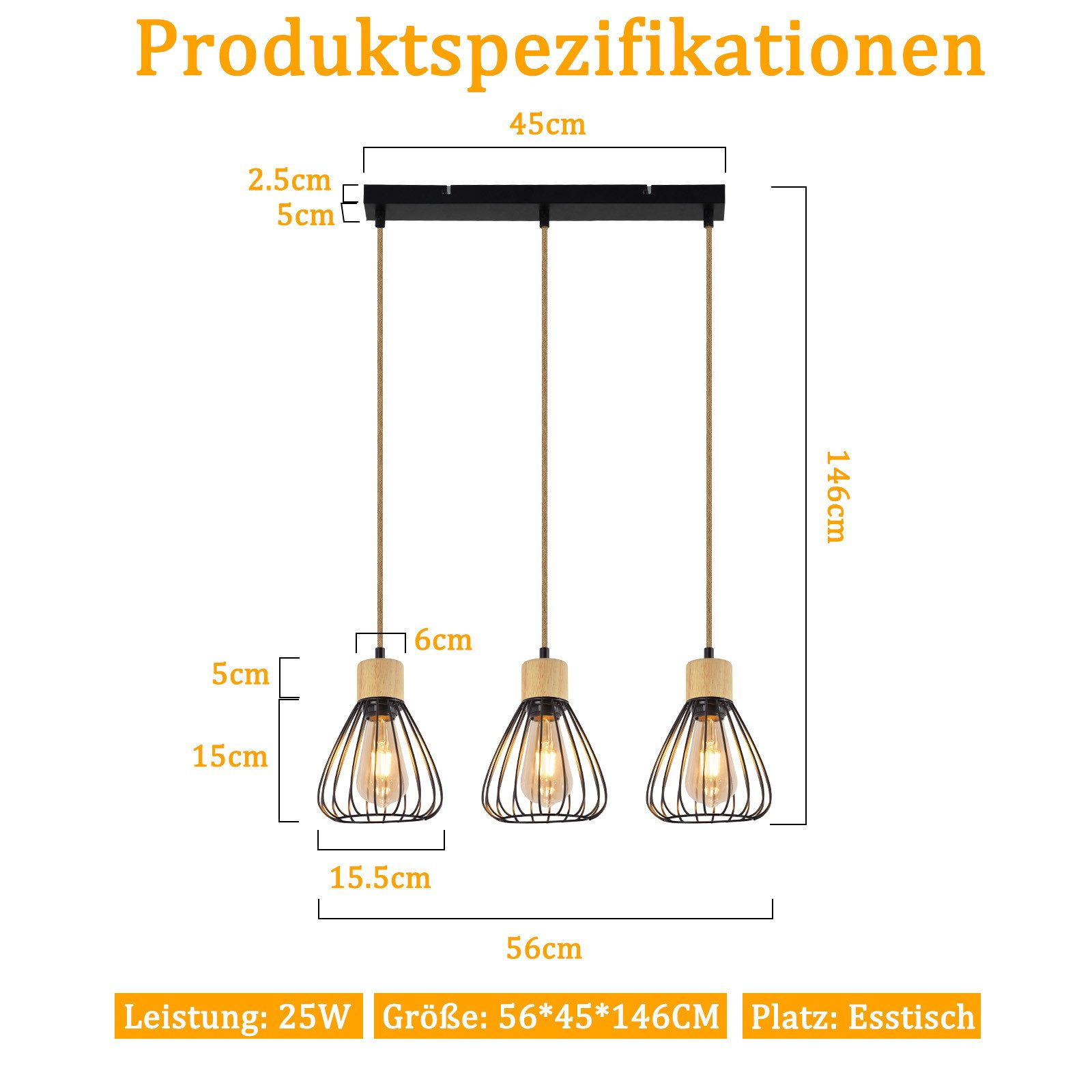 Schemat lampy wiszącej przedstawiający wymiary: 45 cm szerokości, 146 cm wysokości, z klatką i drewnianymi akcentami.