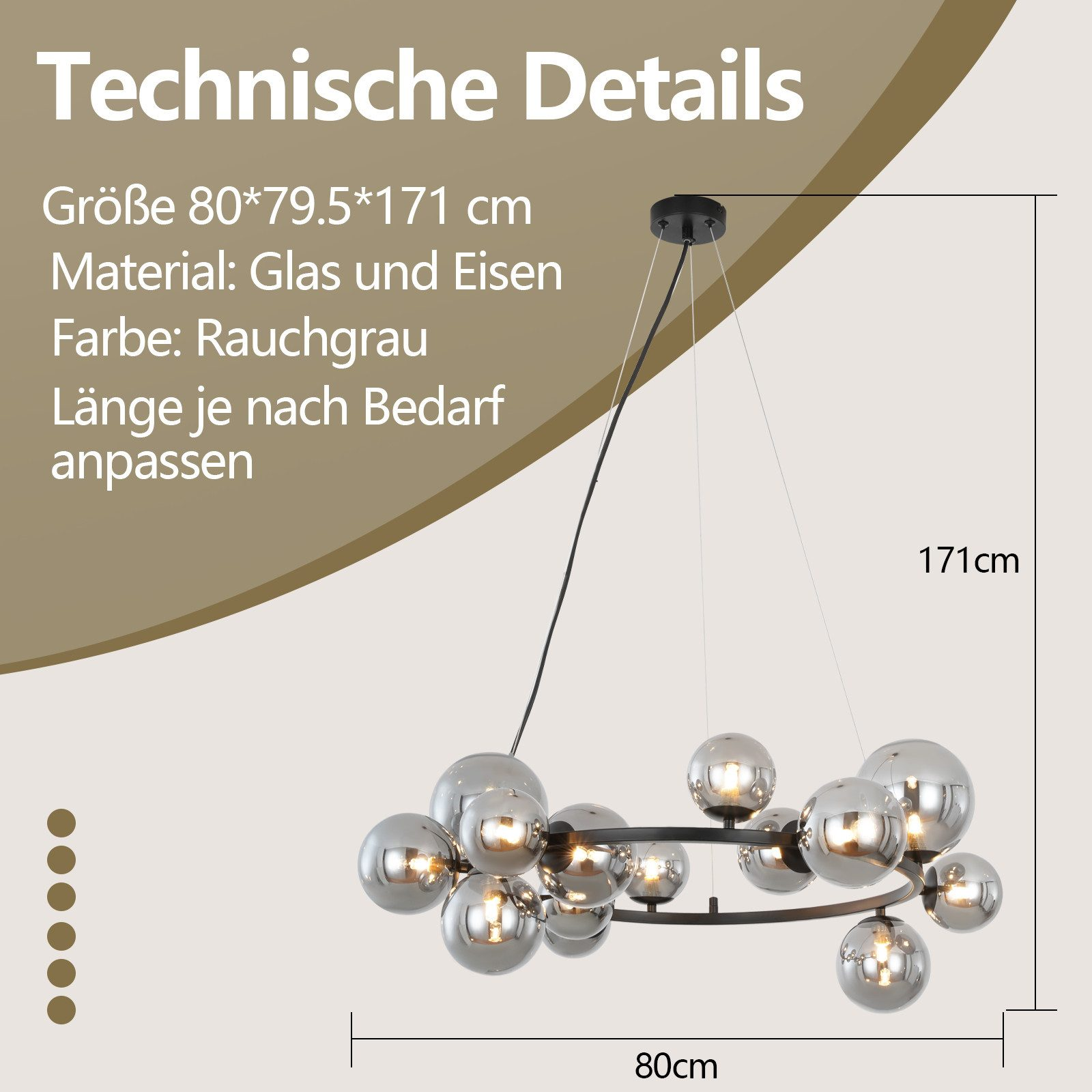 Technische Zeichnung zeigt die Abmessungen eines rauchfarbenen Glaslüsters, 80x79,5x171 cm, aus Glas und Eisen.