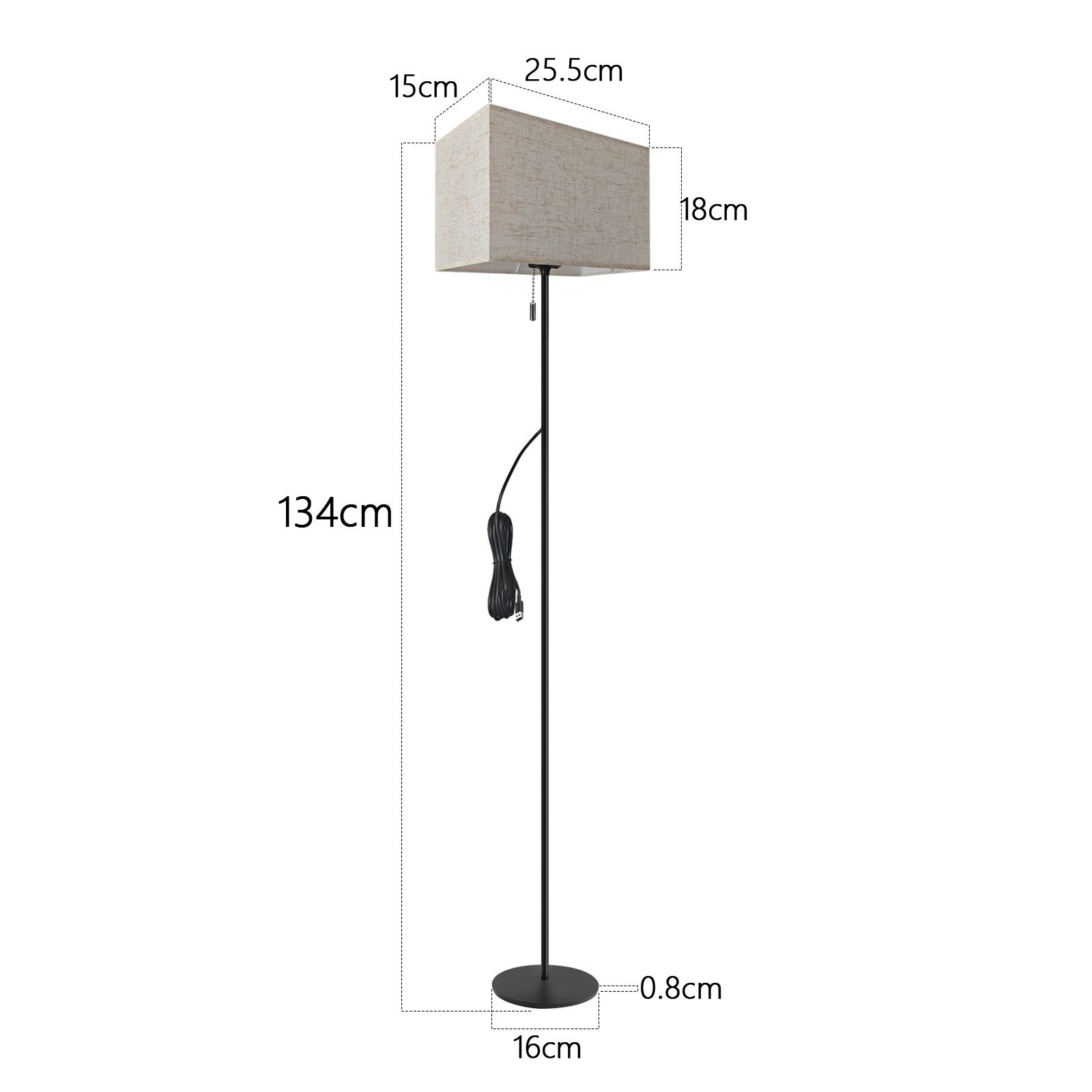 Sono mostrate le dimensioni di una lampada da terra: alta 134 cm, con un paralume largo 25,5 cm.