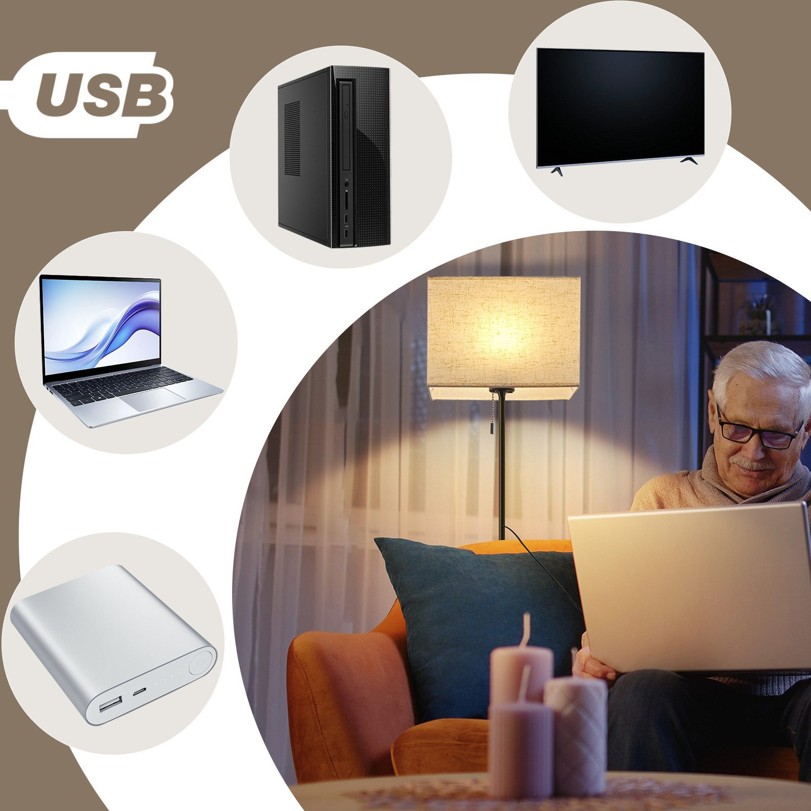 Collage di dispositivi USB attorno a un uomo che utilizza un laptop vicino a una lampada da terra.