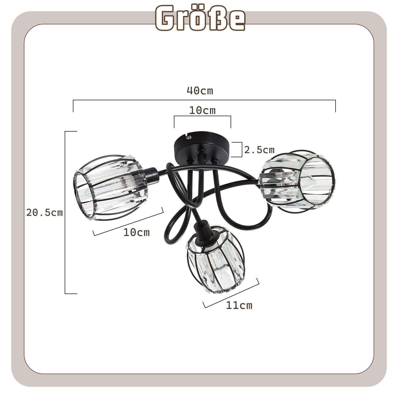 Un diagramma mostra le dimensioni di una plafoniera nera a tre luci con paralumi a gabbia.