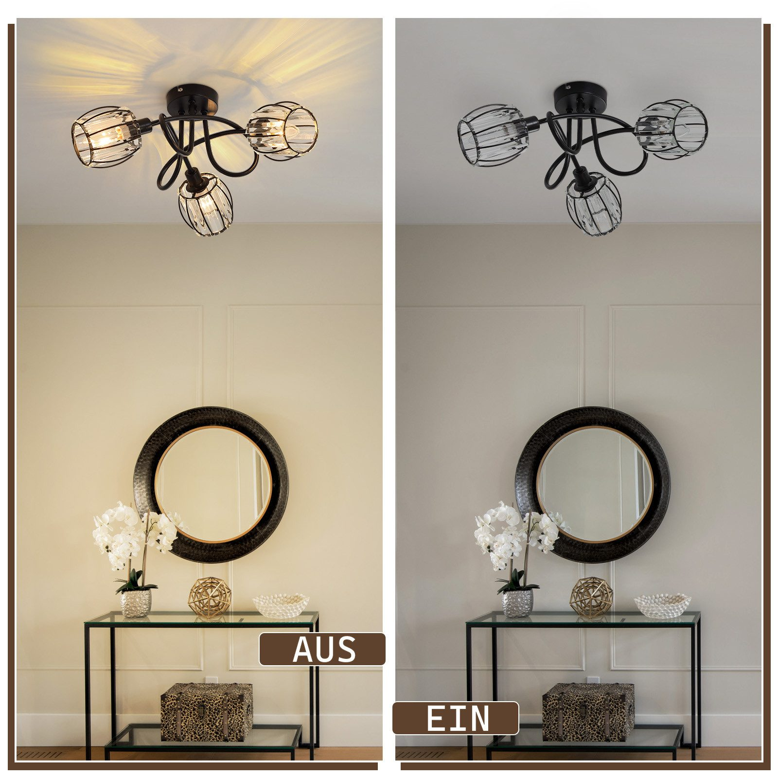 Un'immagine divisa mostra una plafoniera a quattro lampadine in due impostazioni di illuminazione.