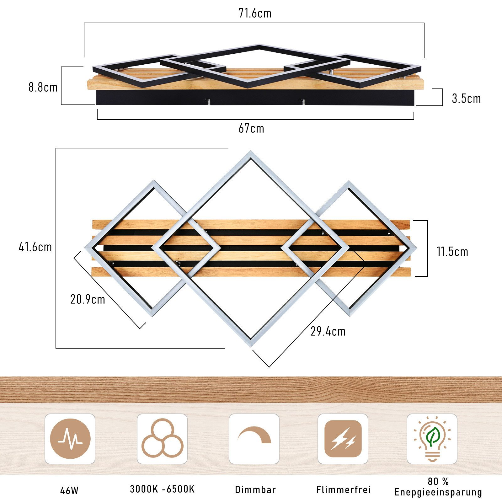 Un diagramma mostra le misure di una plafoniera geometrica in legno.