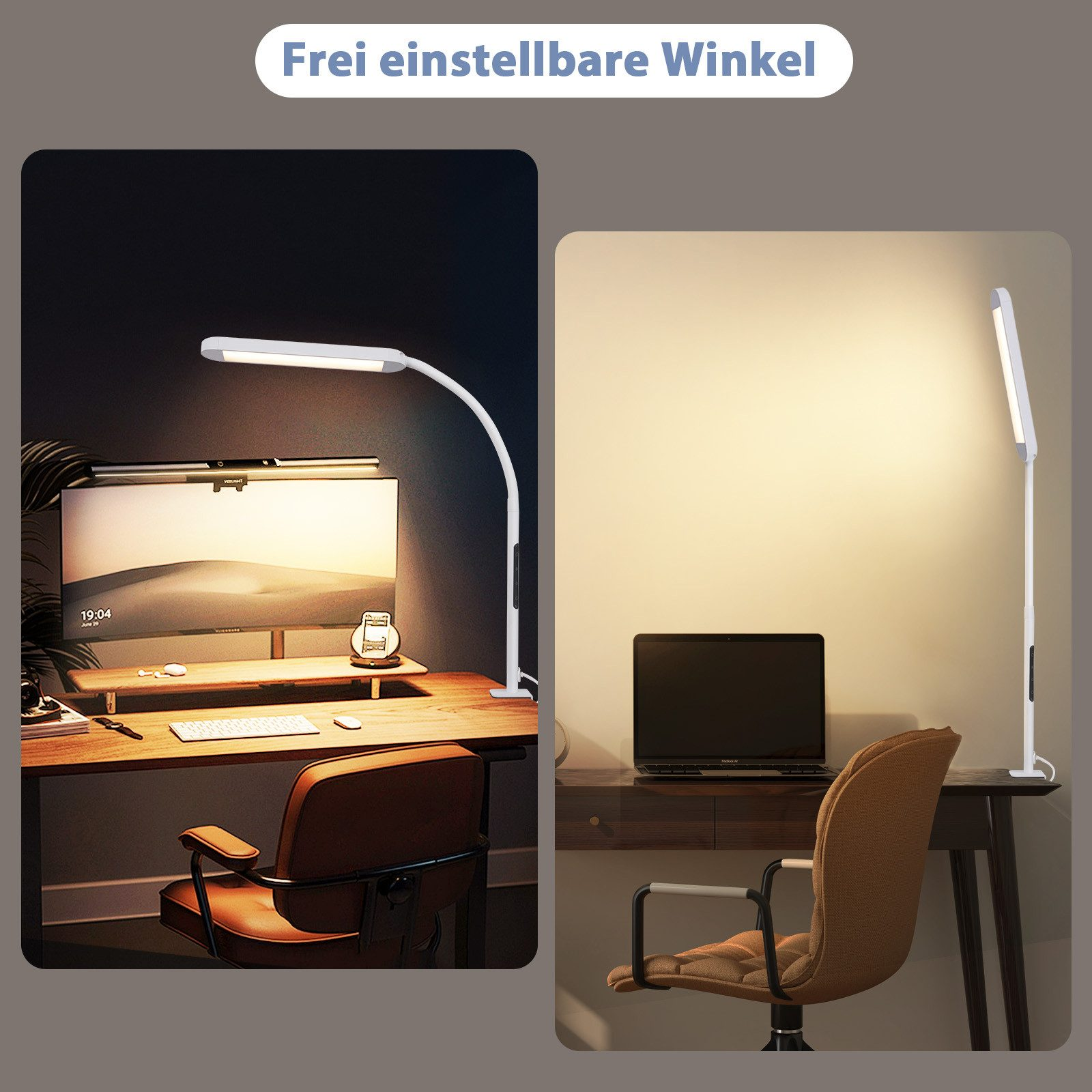 Obraz przedstawia dwa biurka. Każde z nich ma białą lampkę biurkową LED przymocowaną do powierzchni.