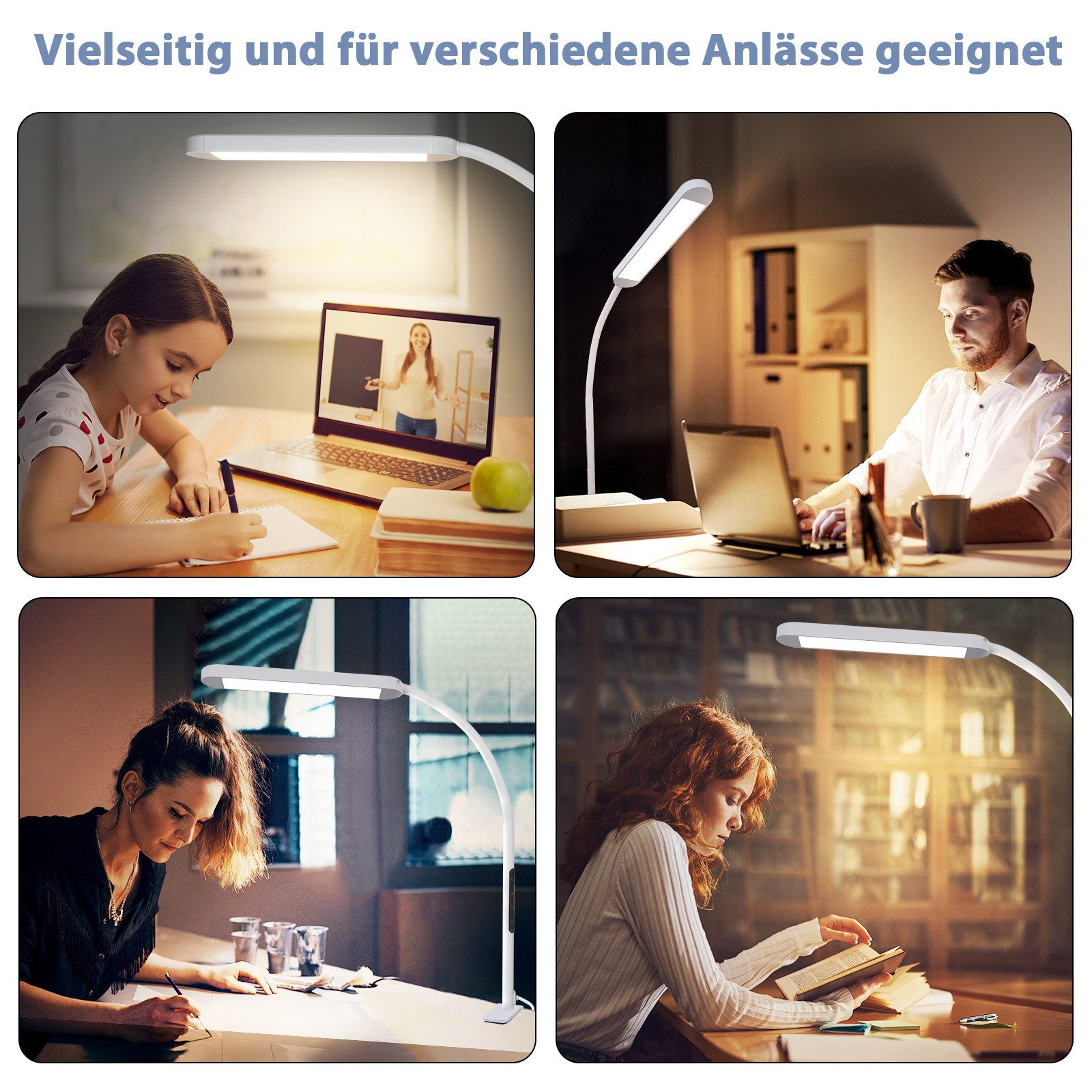 Kolaż czterech zdjęć przedstawia osoby używające regulowanych lamp w różnych ustawieniach do czytania i pracy.