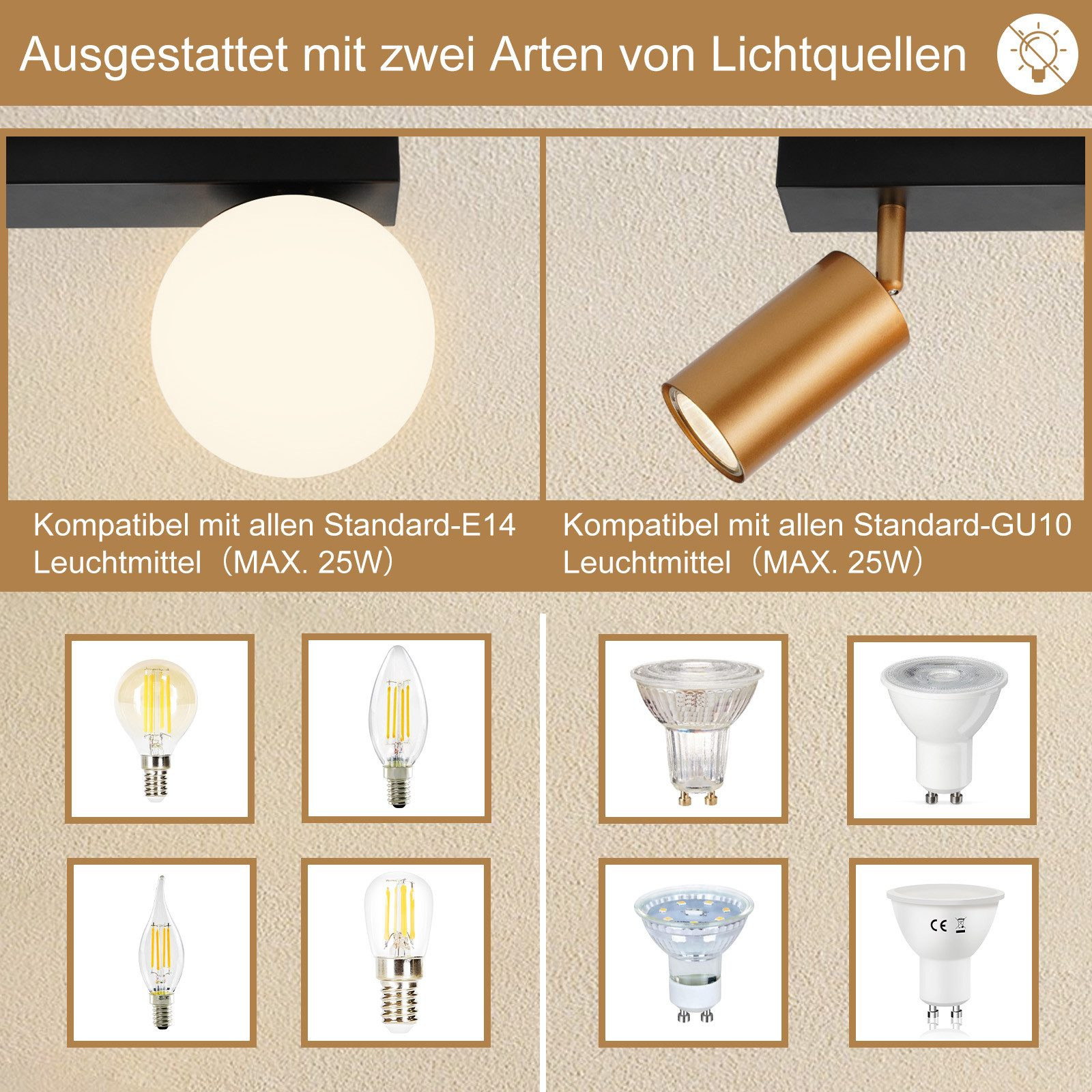 Immagine che mostra due tipi di sorgenti luminose compatibili con la plafoniera.
