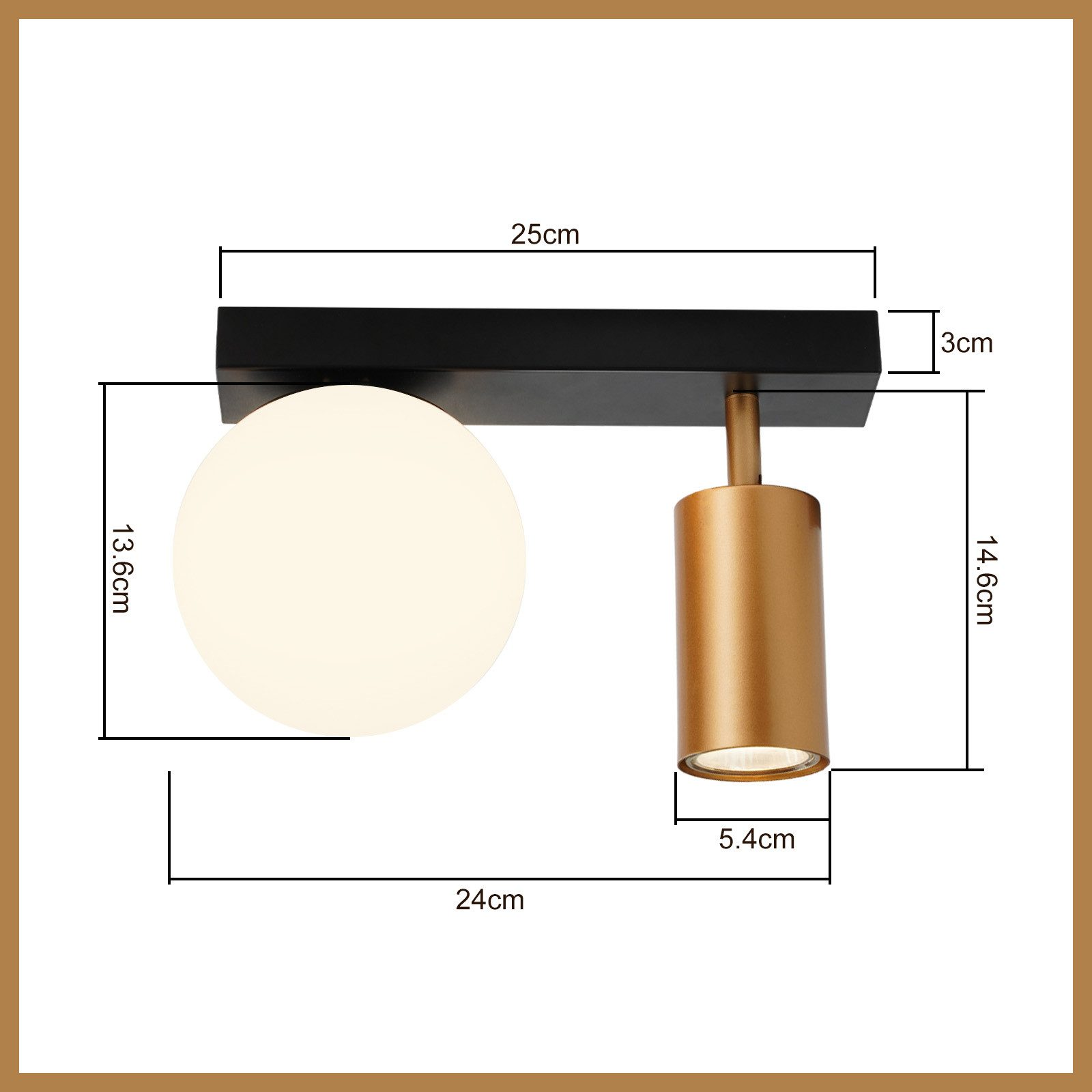 Diagramma di una plafoniera nera e dorata con misure in centimetri.