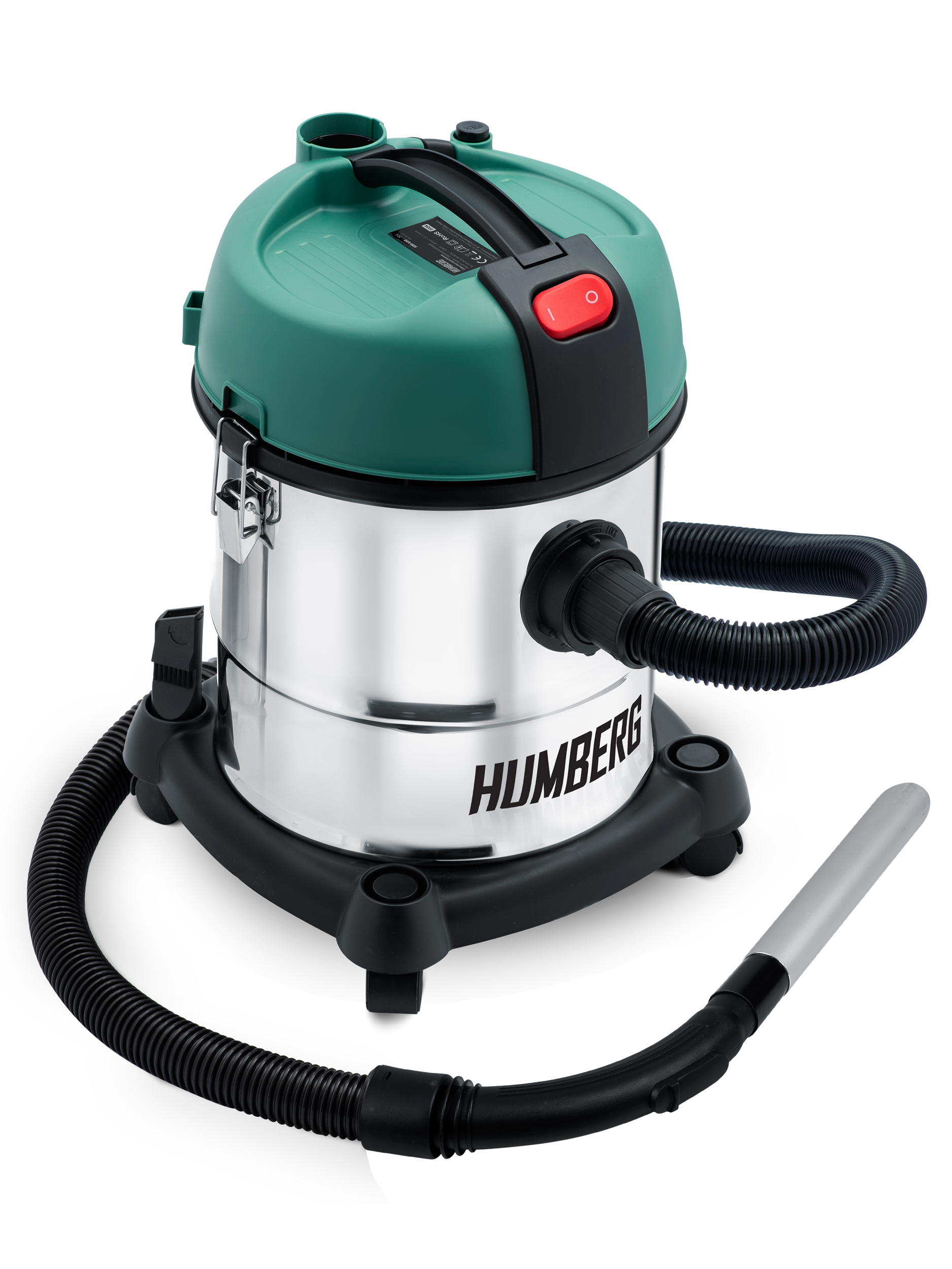 Srebrny i zielony odkurzacz na mokro i sucho z czarnym wężem i srebrną różdżką na białym tle.