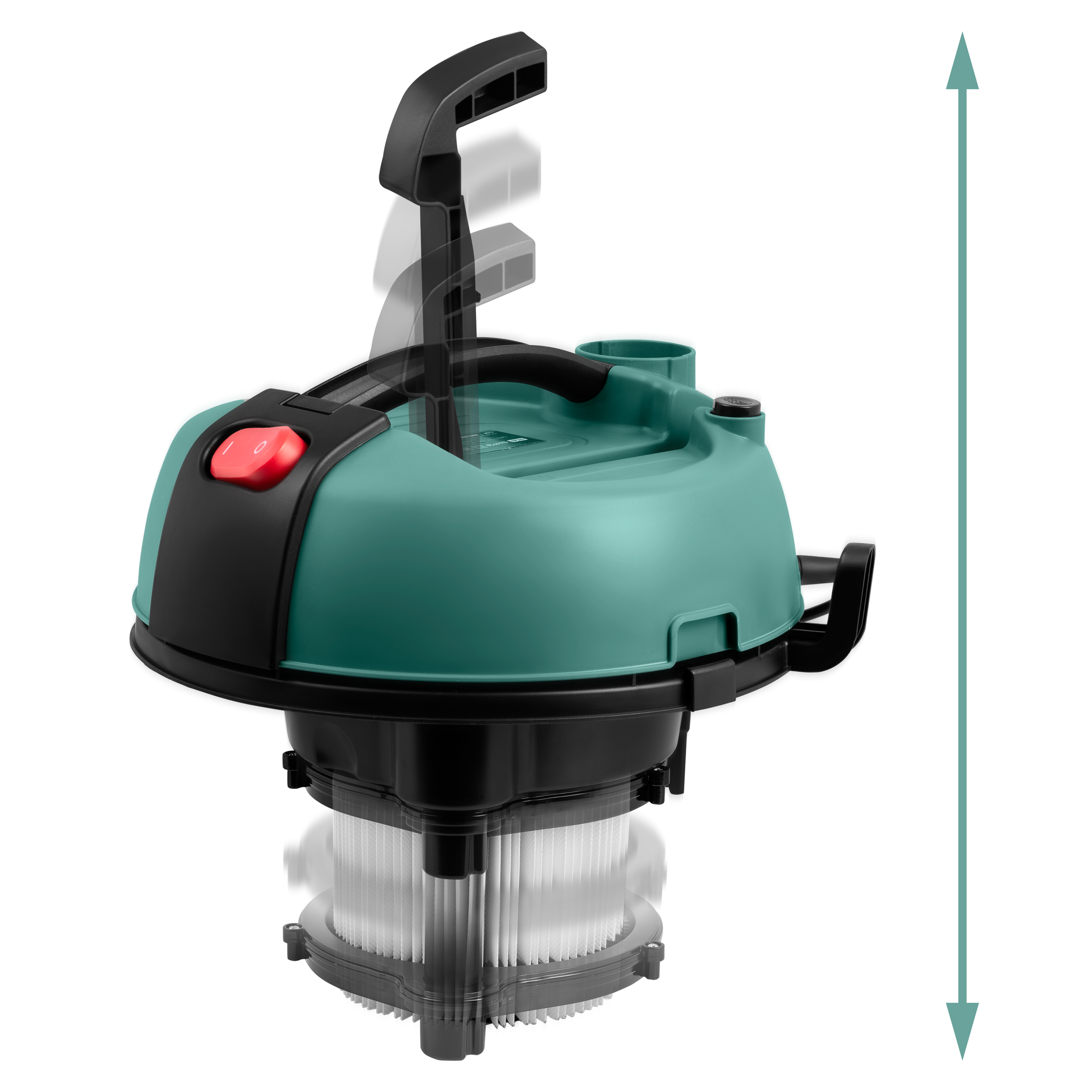 Zielony i czarny element filtra odkurzacza z pionową strzałką pomiarową.