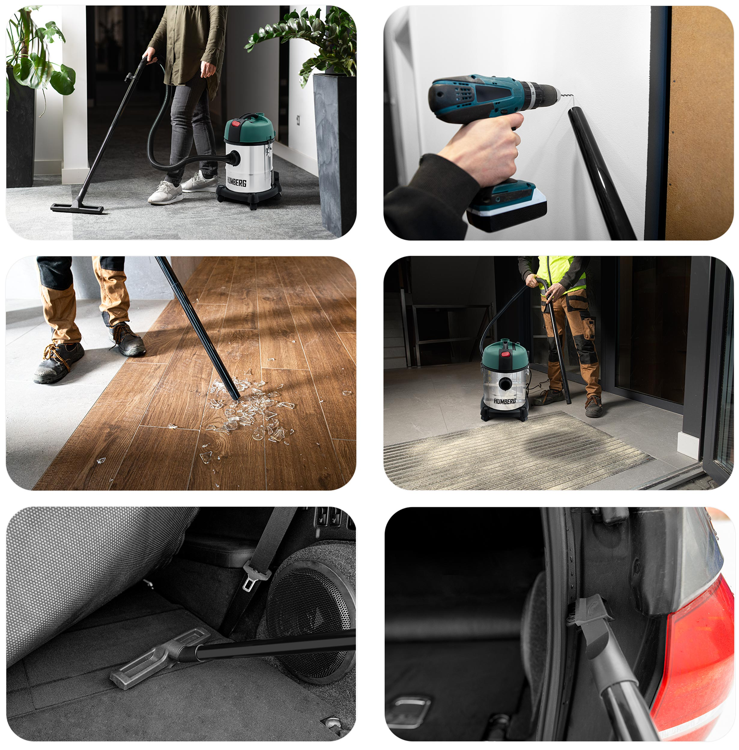 Kolaż srebrno-zielonego odkurzacza używanego do czyszczenia różnych powierzchni.
