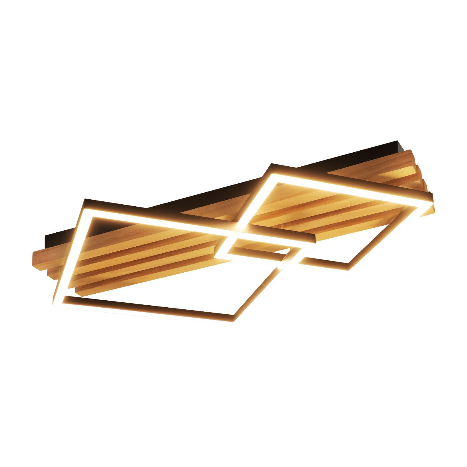 Una moderna plafoniera in legno con motivi geometrici a LED su uno sfondo bianco.