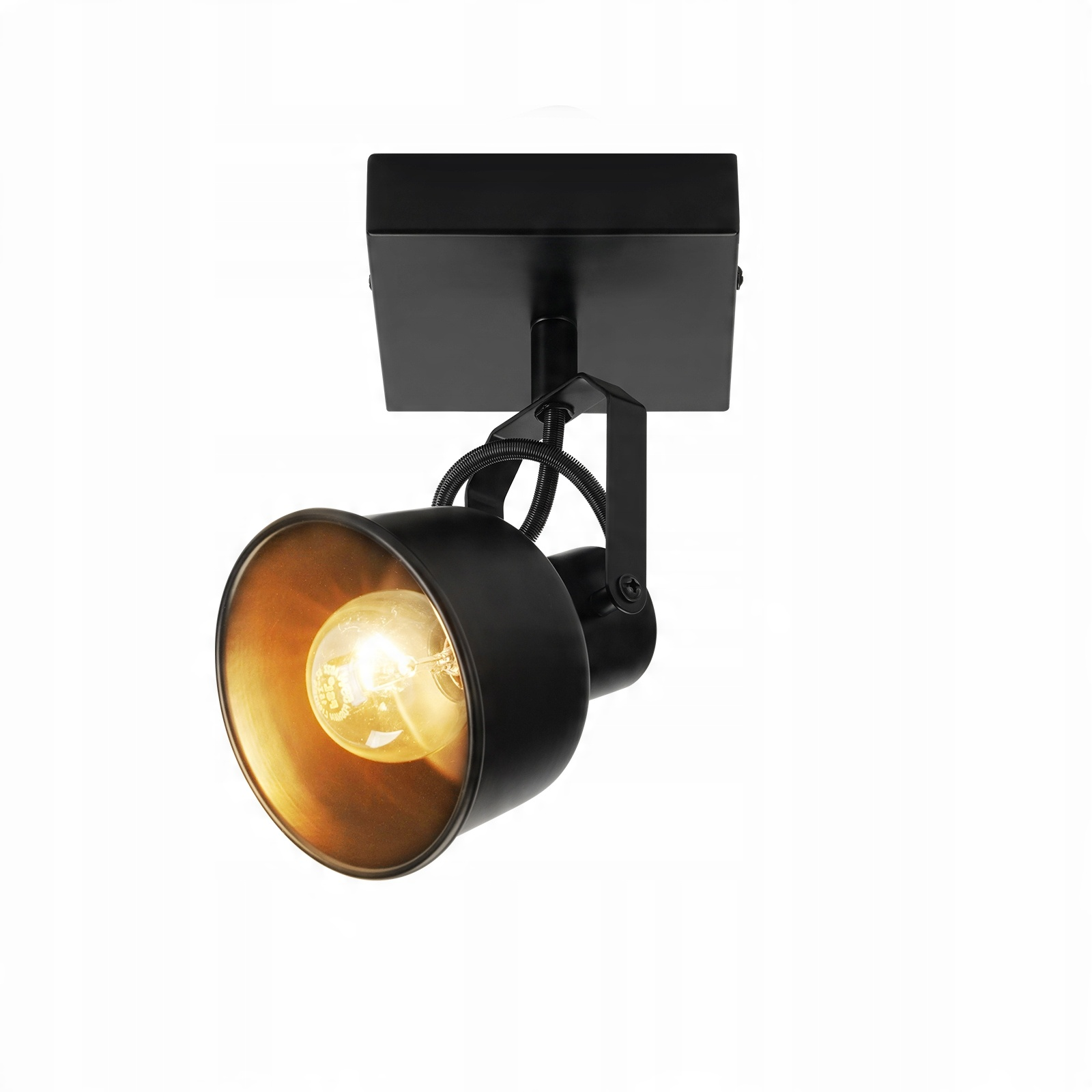 Un faretto nero con interno dorato e lampadina a vista, su uno sfondo bianco.