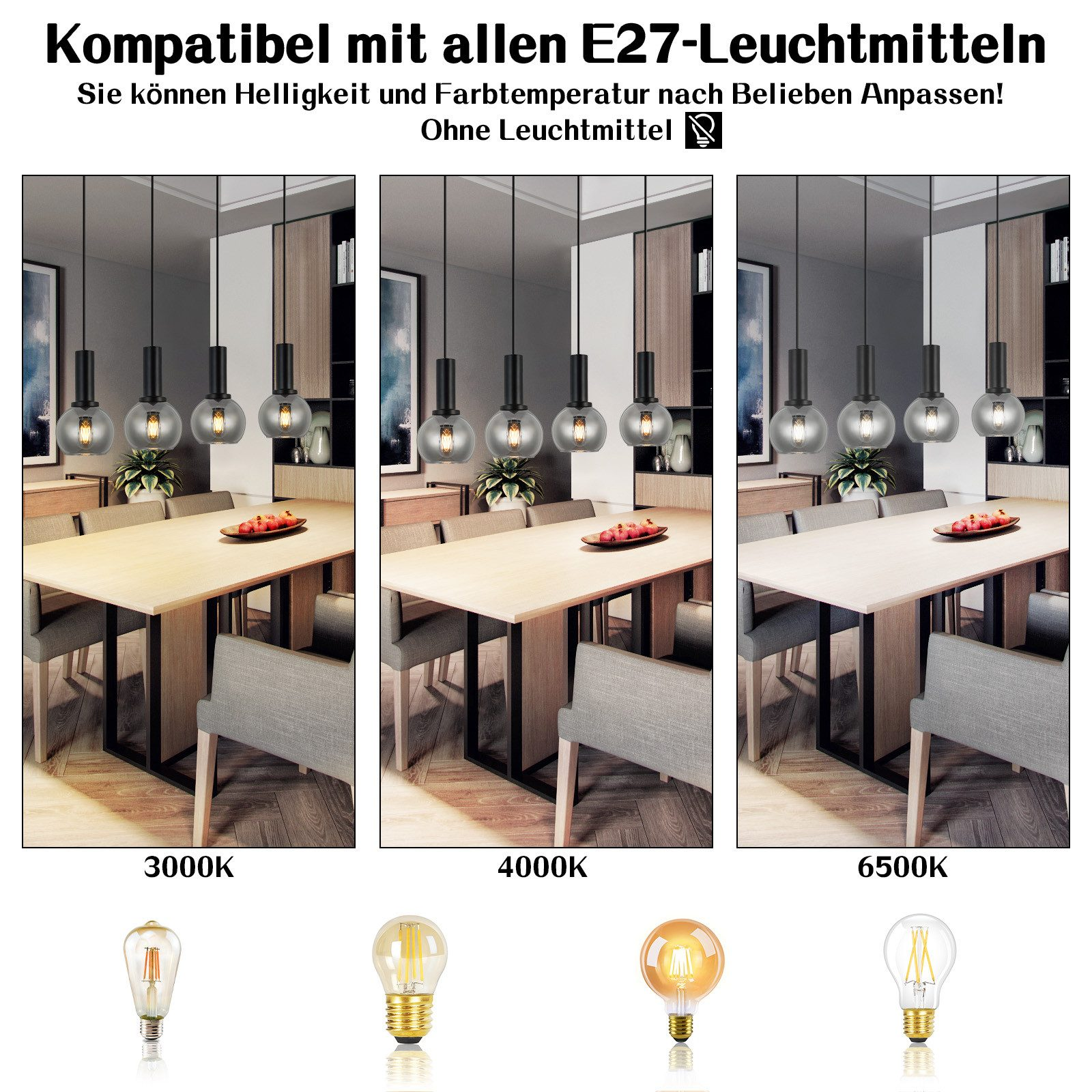 Tre immagini mostrano lo stesso apparecchio a sospensione a quattro luci con diverse temperature di colore della lampadina.