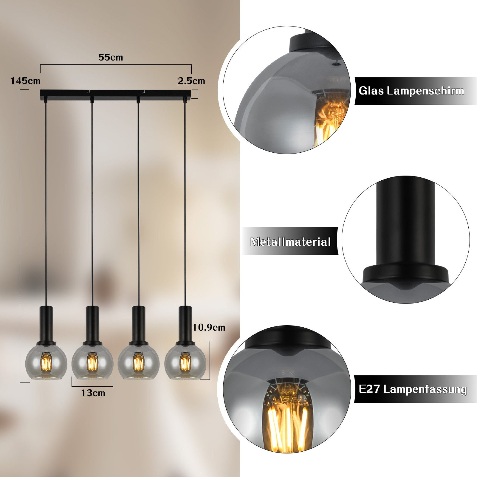 Il diagramma descrive in dettaglio le dimensioni di un apparecchio a sospensione a quattro luci con paralumi in vetro trasparente.