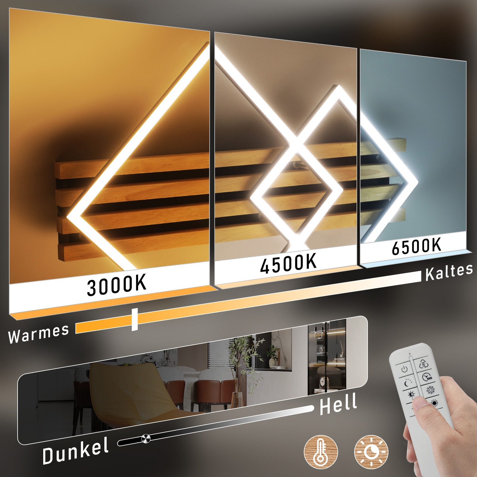 Un display che mostra la funzione di regolazione della temperatura del colore di una plafoniera, controllata da un telecomando.