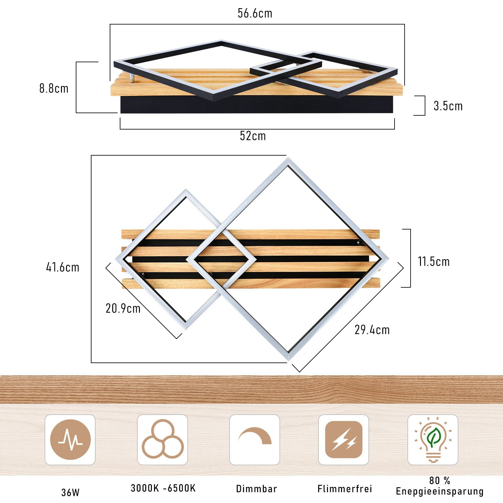 L'immagine mostra un diagramma di una lampada da parete con dimensioni. La lampada ha una base in legno e cornici metalliche quadrate.