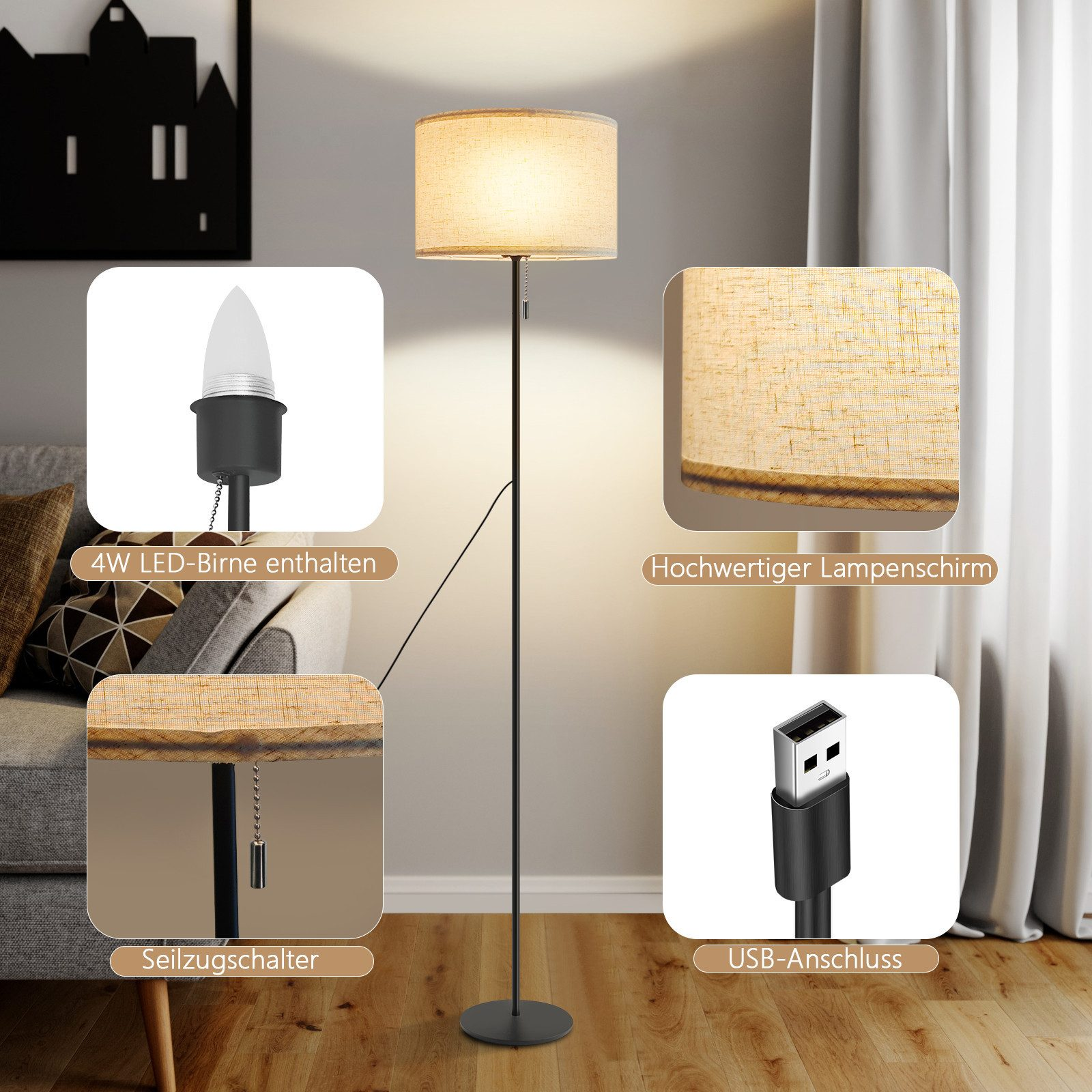 Una lampada da terra si trova in una stanza con un divano. L'immagine mostra dettagli come la lampadina a LED e la connessione USB.