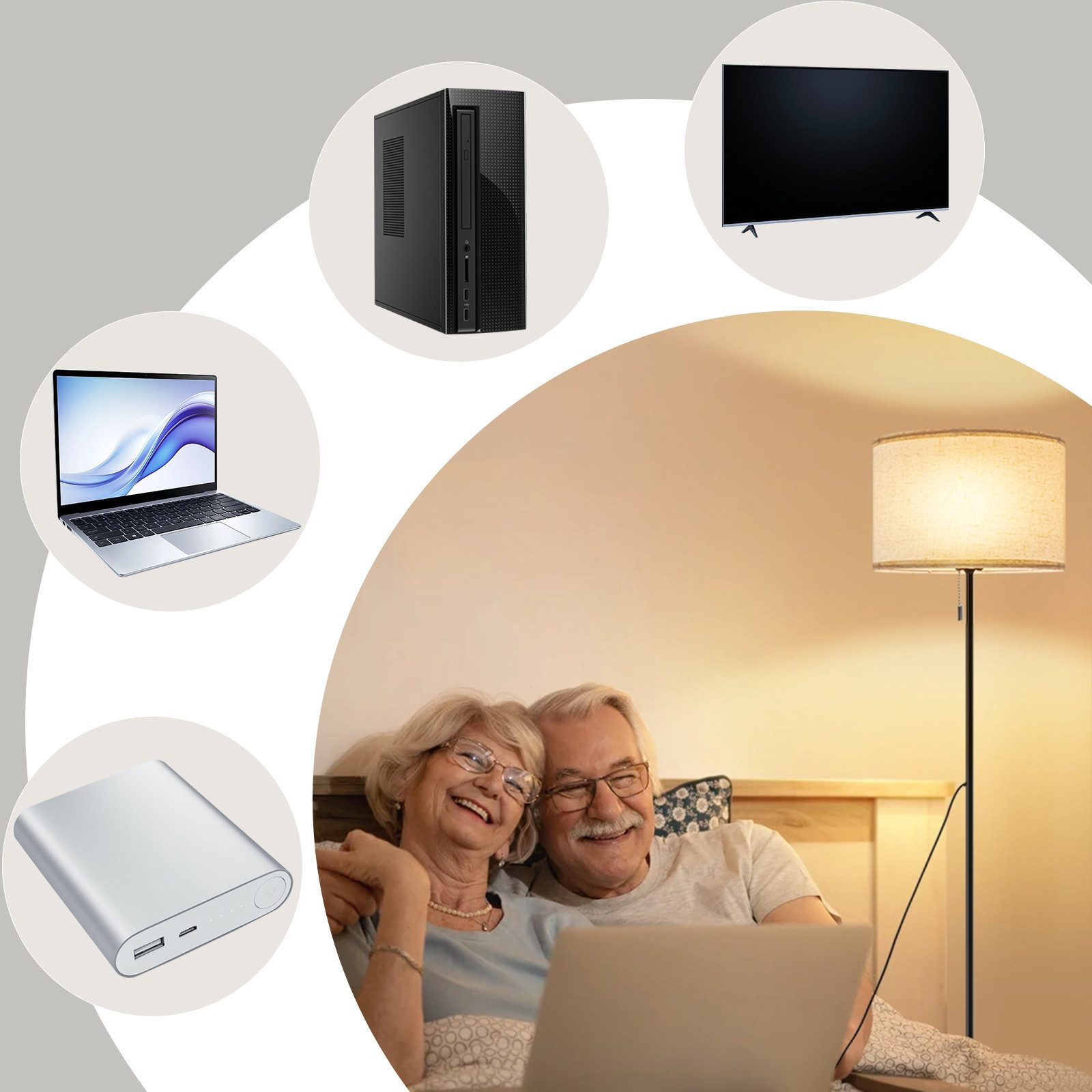 Una coppia anziana sta usando un laptop a letto, con una lampada da terra che fornisce luce. Altri dispositivi sono raffigurati.