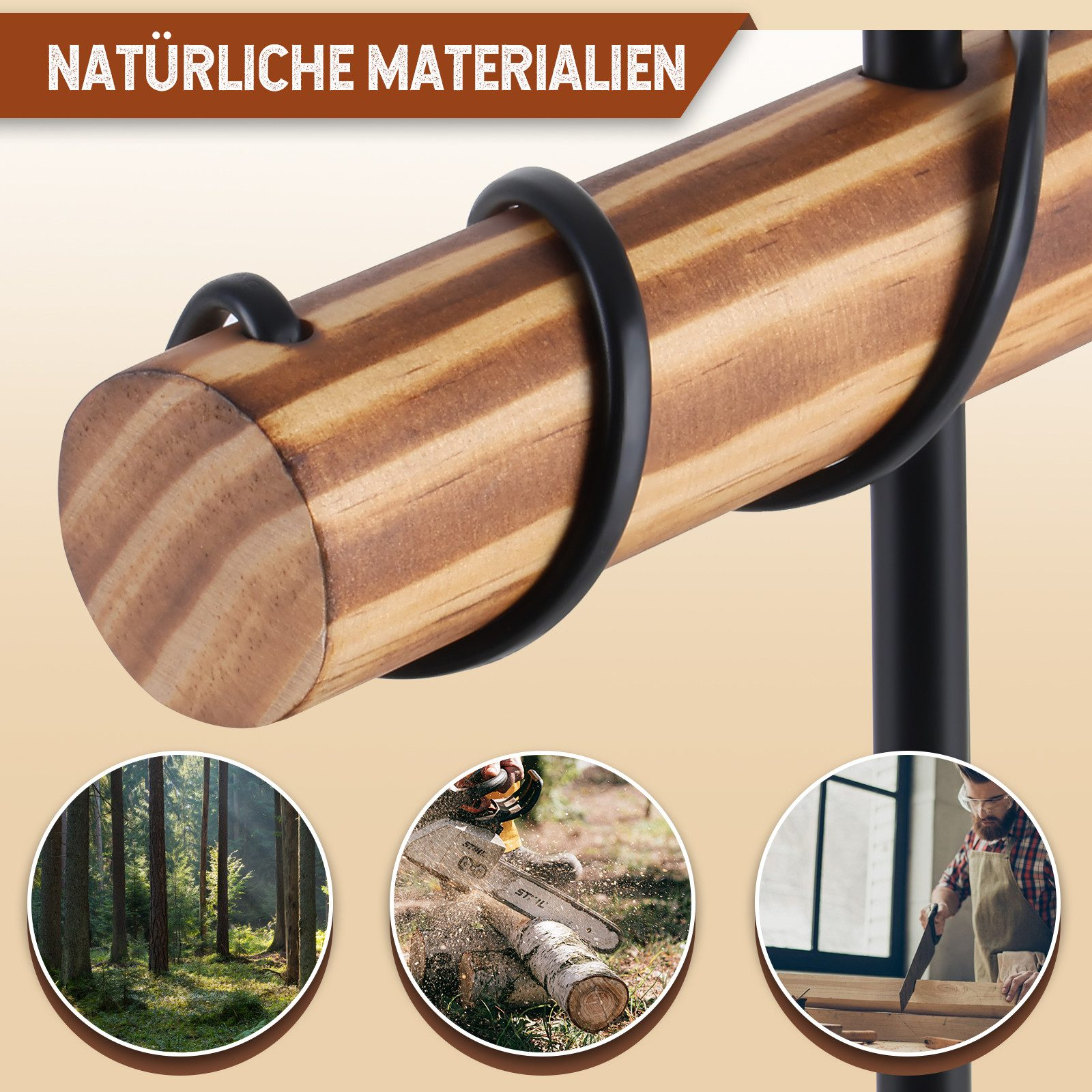 Zbliżenie drewnianego pręta trzymanego przez czarne metalowe pierścienie na czarnym stojaku, prezentujące naturalne materiały.