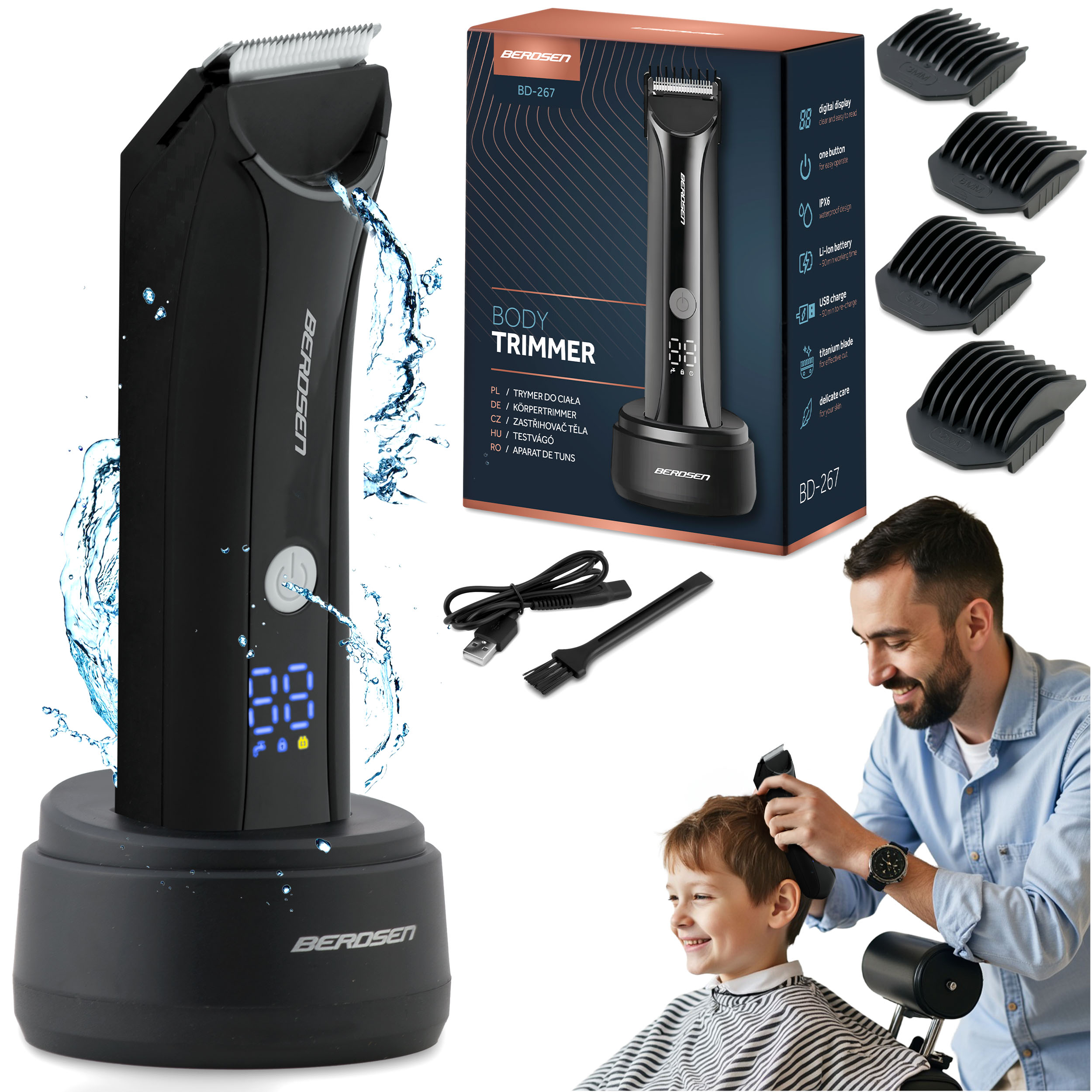 Czarny trymer do ciała na bazie ładującej, z akcesoriami i mężczyzną obcinającym włosy dziecka.