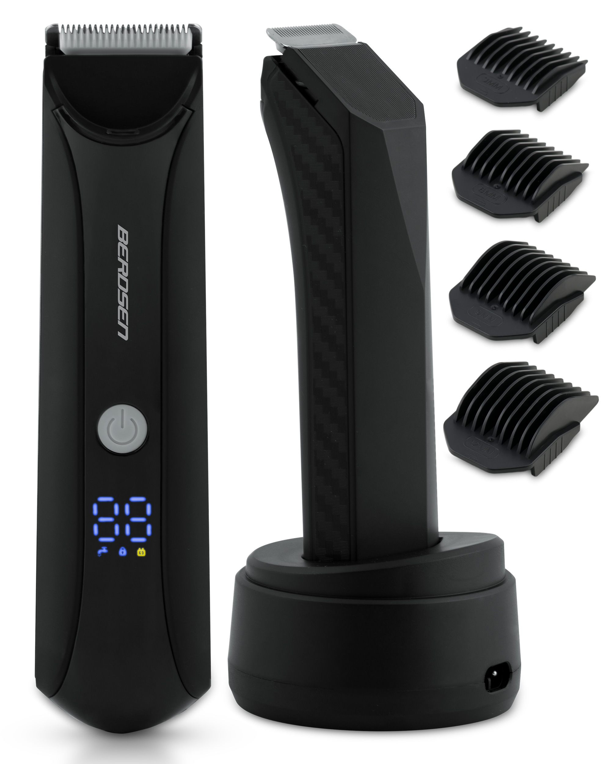 Czarny trymer obok bazy ładującej i różnych grzebieni mocujących, wszystko na białym tle.