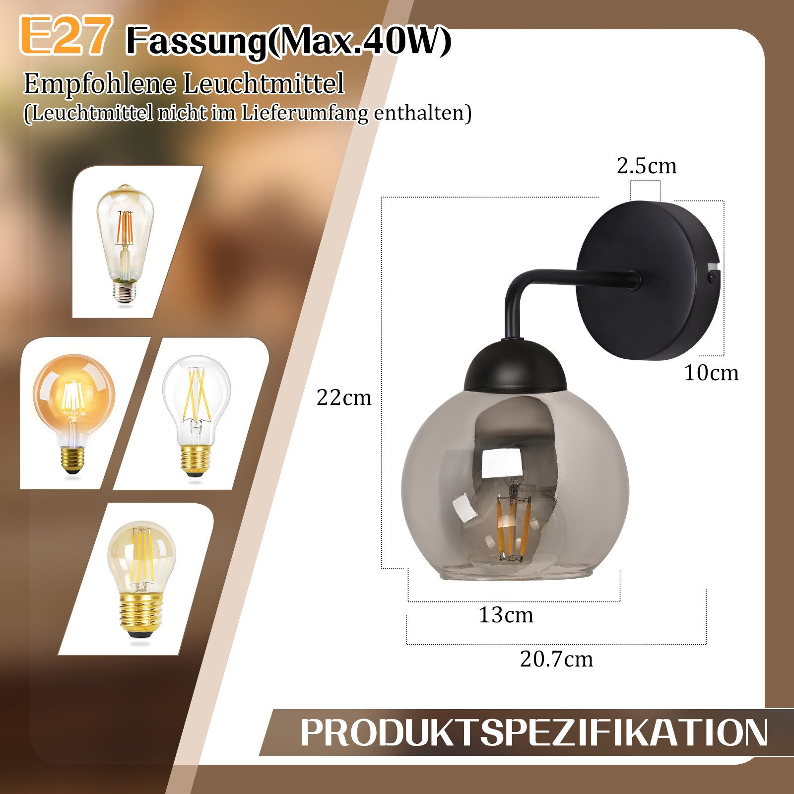 Lampa ścienna z czarnymi elementami i kloszem z przydymionego szkła, wyświetlająca specyfikacje produktu i opcje żarówek.