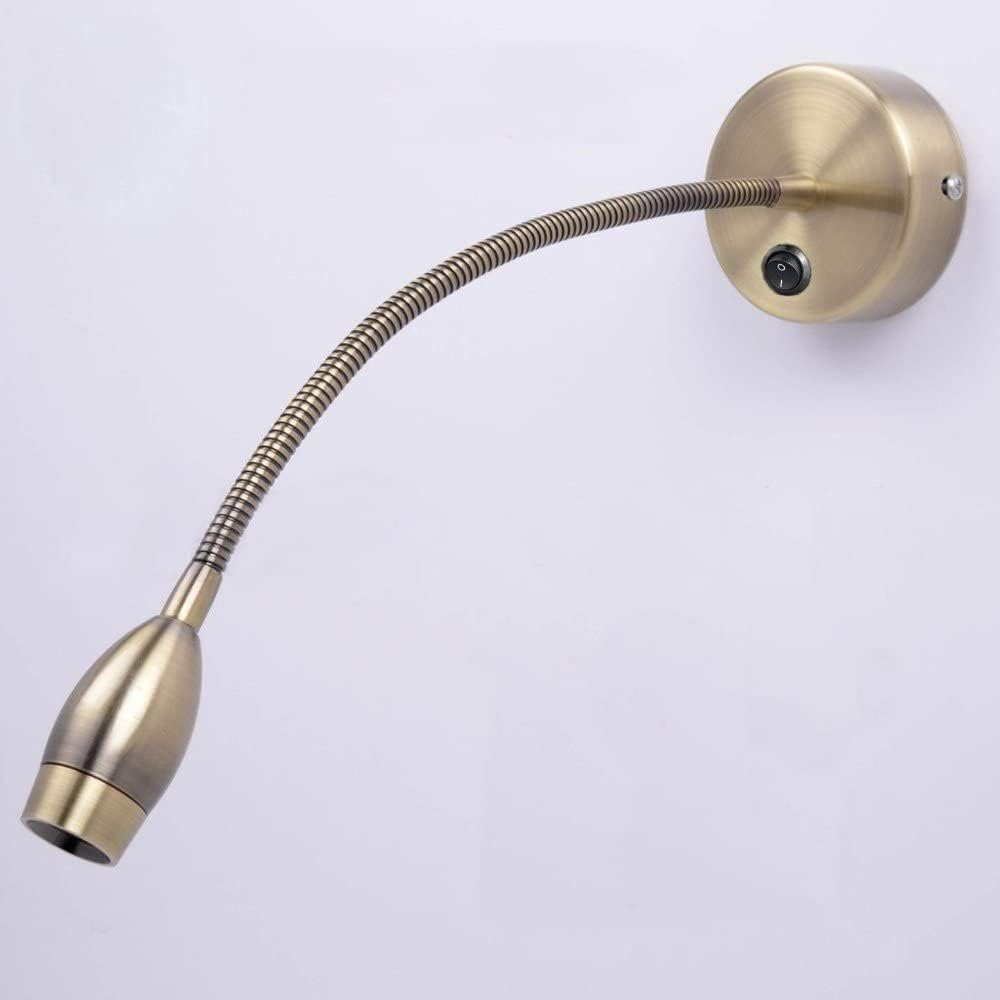 Lampada da lettura in bronzo a parete con collo di cigno flessibile e interruttore on/off.