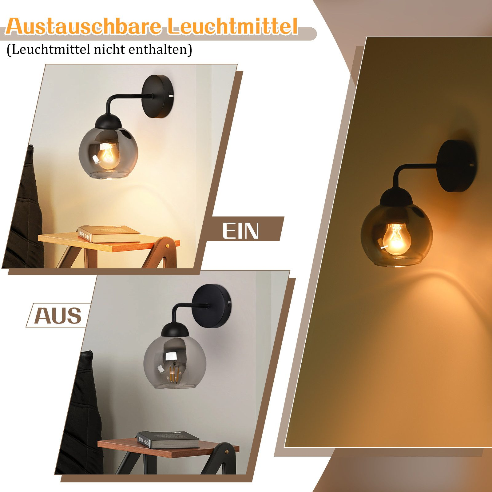 Lampa ścienna z czarnym mocowaniem i kloszem z przydymionego szkła, pokazana w pozycji włączonej i wyłączonej w pomieszczeniu.