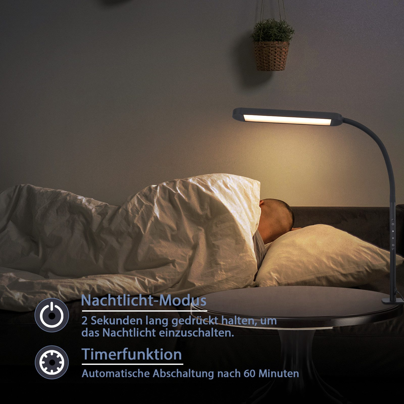 Czarna lampka biurkowa oświetla osobę śpiącą w łóżku w nocy.