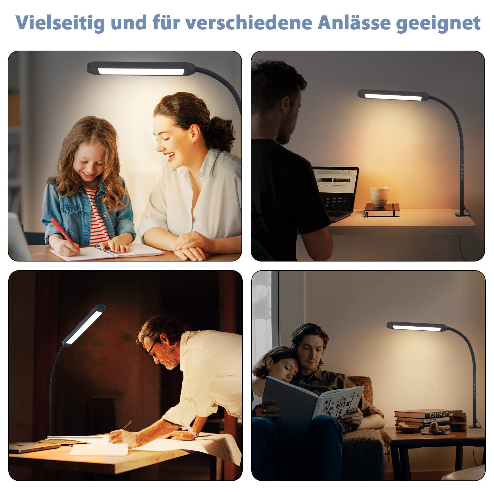 Kolaż lampki biurkowej używanej do nauki, pracy i czytania.