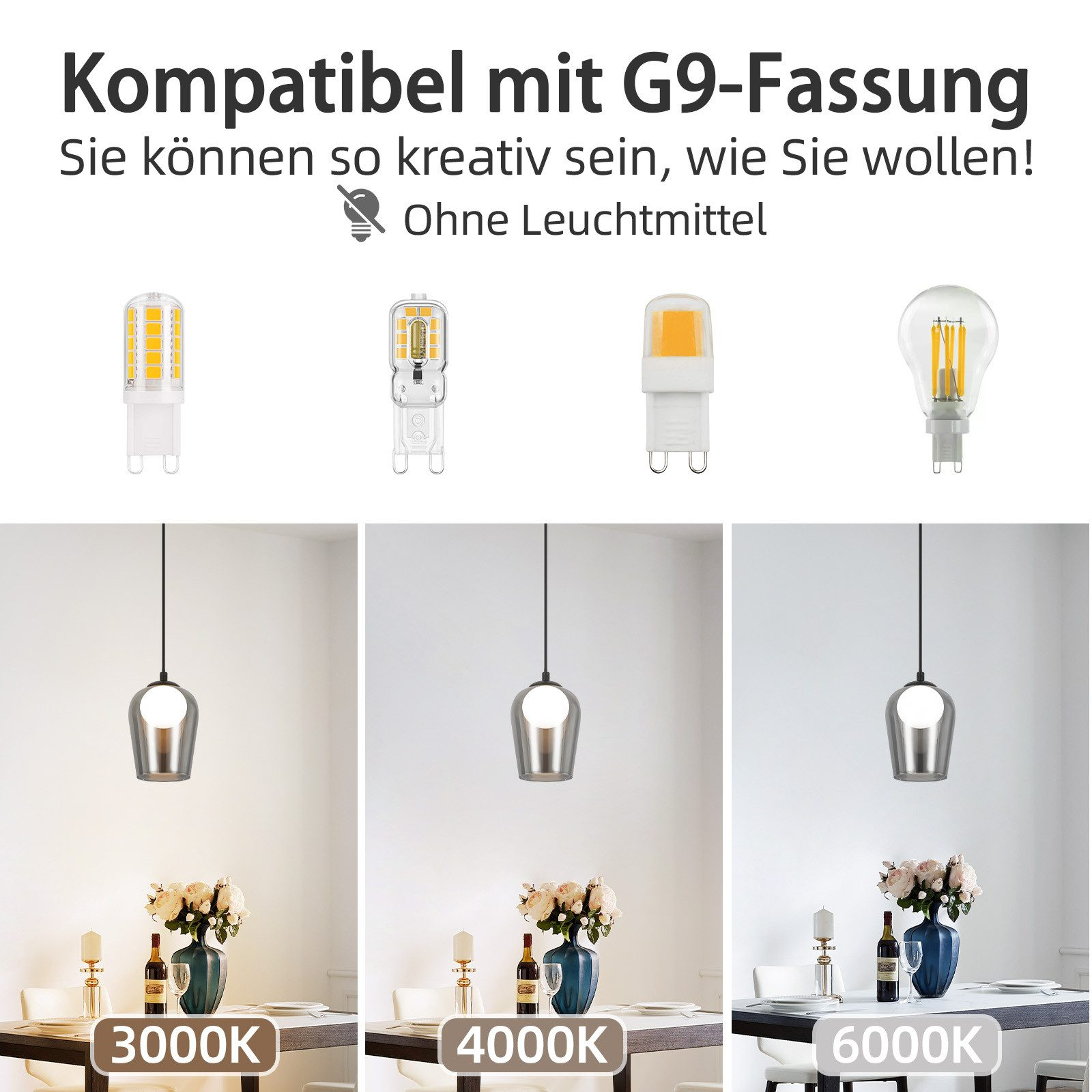 L'immagine mostra lampade G9 compatibili con diverse temperature di colore per lampade a sospensione.