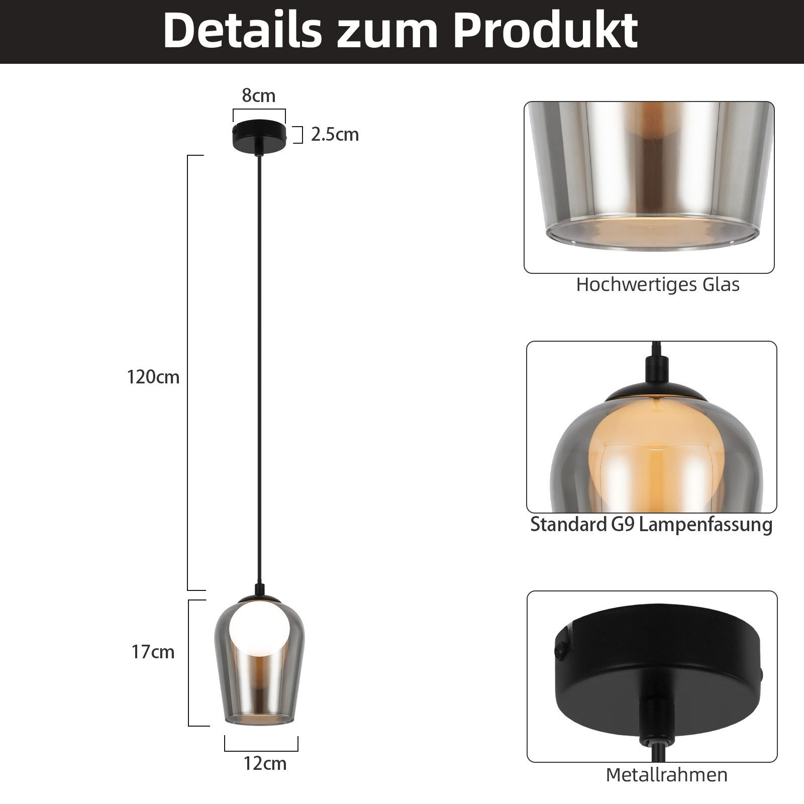 Diagramma dei dettagli del prodotto di una lampada a sospensione, che mostra le dimensioni e i dettagli del materiale.