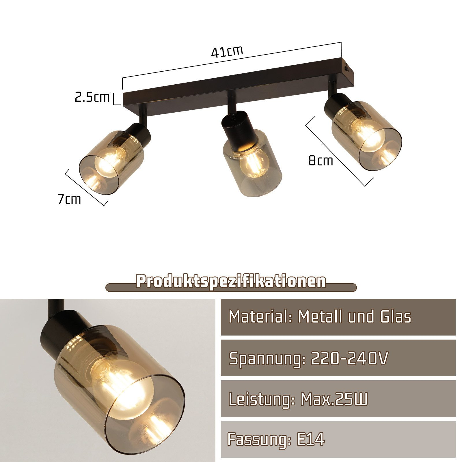 Un lampadario nero con tre lampadine ha paralumi in vetro trasparente e dimensioni elencate sul lato.
