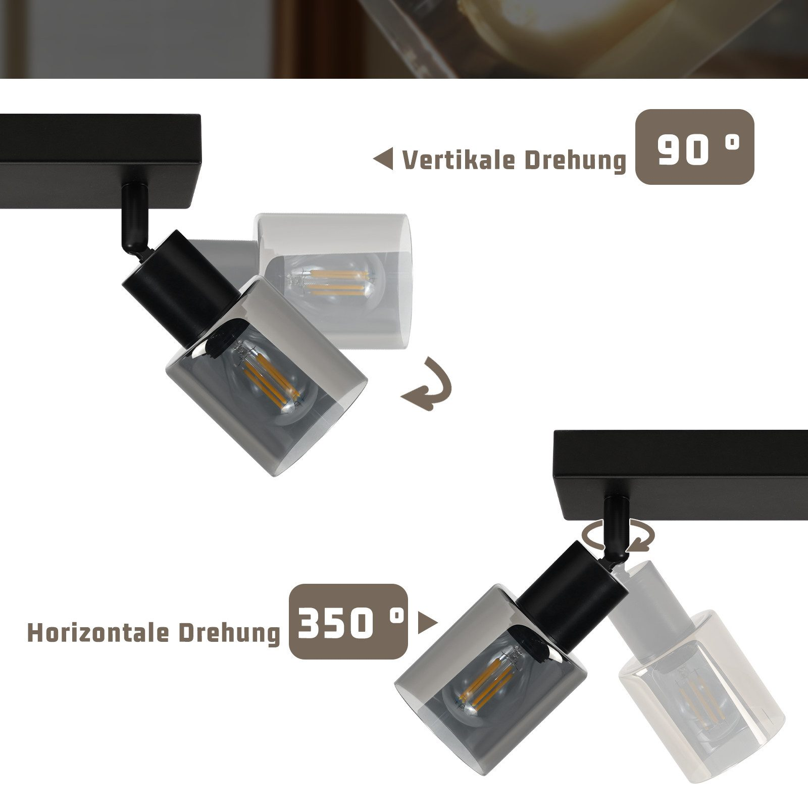Un'immagine che mostra gli angoli di rotazione di un lampadario nero con paralume in vetro trasparente e una lampadina.