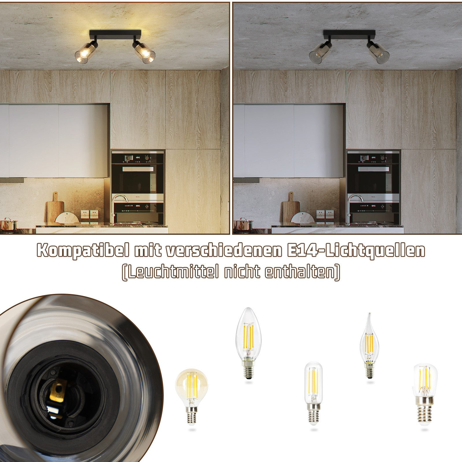 Due immagini di una cucina con un lampadario nero, che mostrano diverse sorgenti luminose E14 e dettagli della presa.
