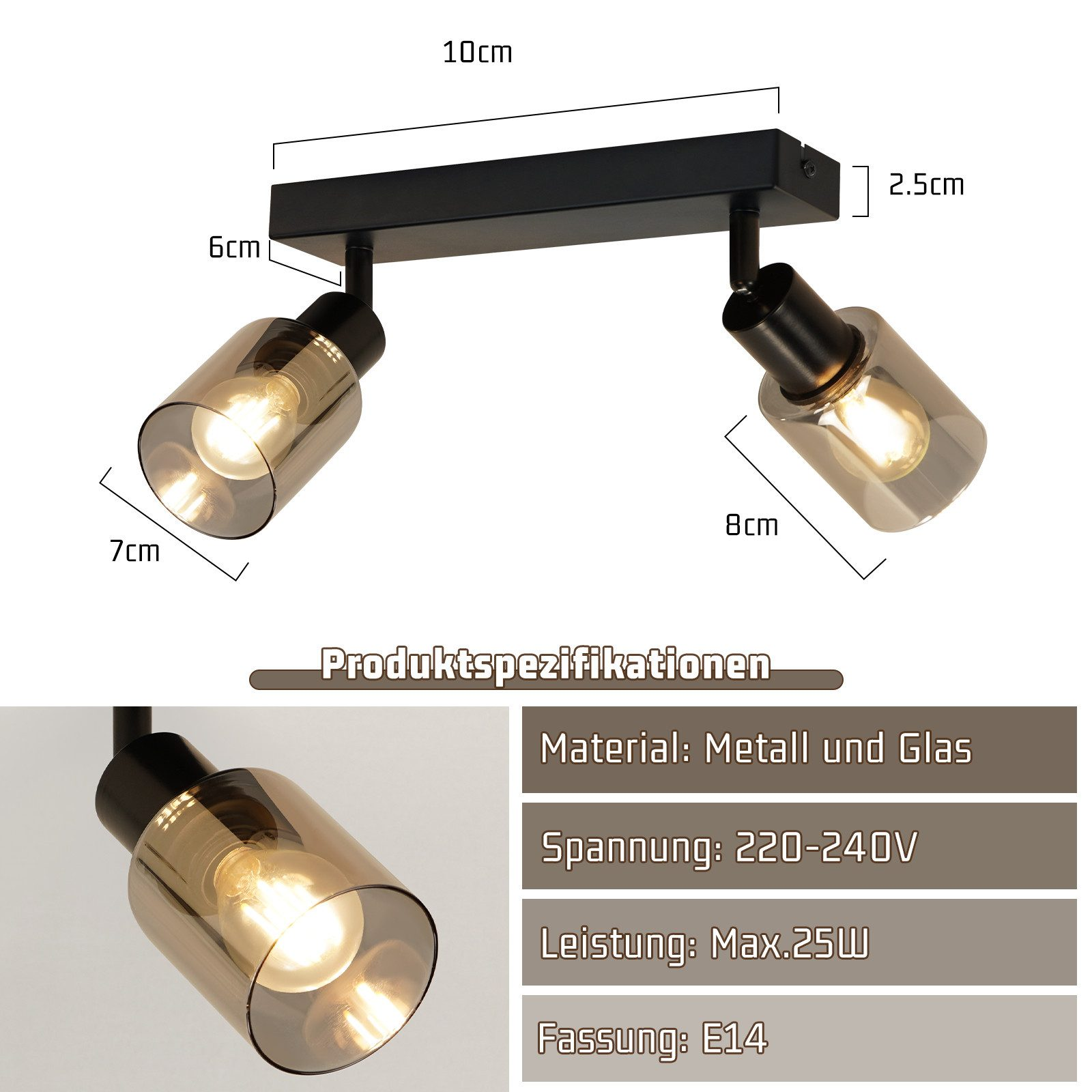 Un lampadario nero con due lampadine ha paralumi in vetro trasparente e dimensioni elencate sul lato.