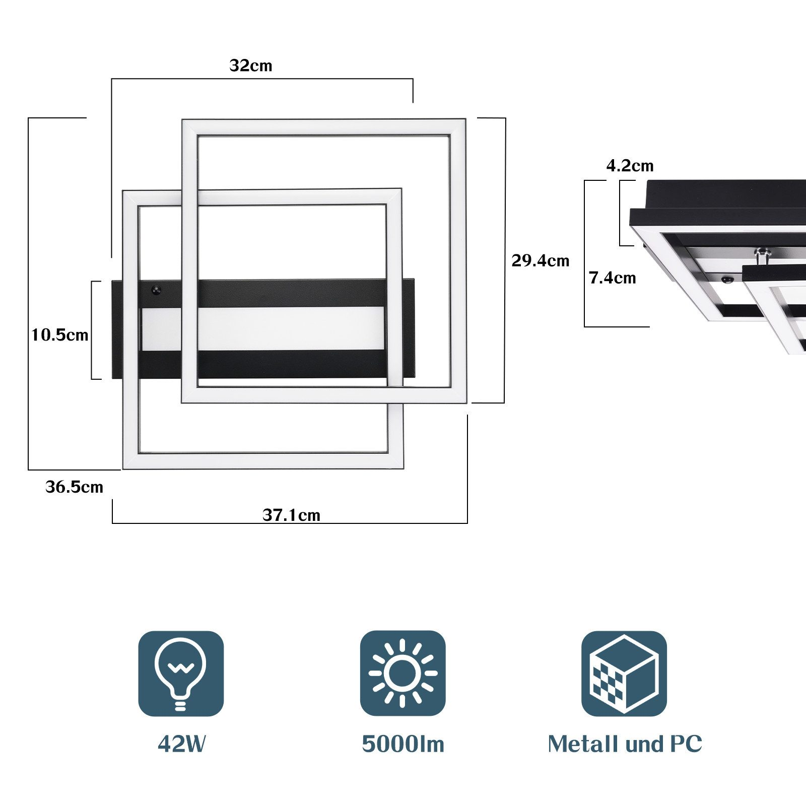 Un diagramma mostra le dimensioni di una plafoniera nera con cornici LED quadrate, inclusi wattaggio e lumen.